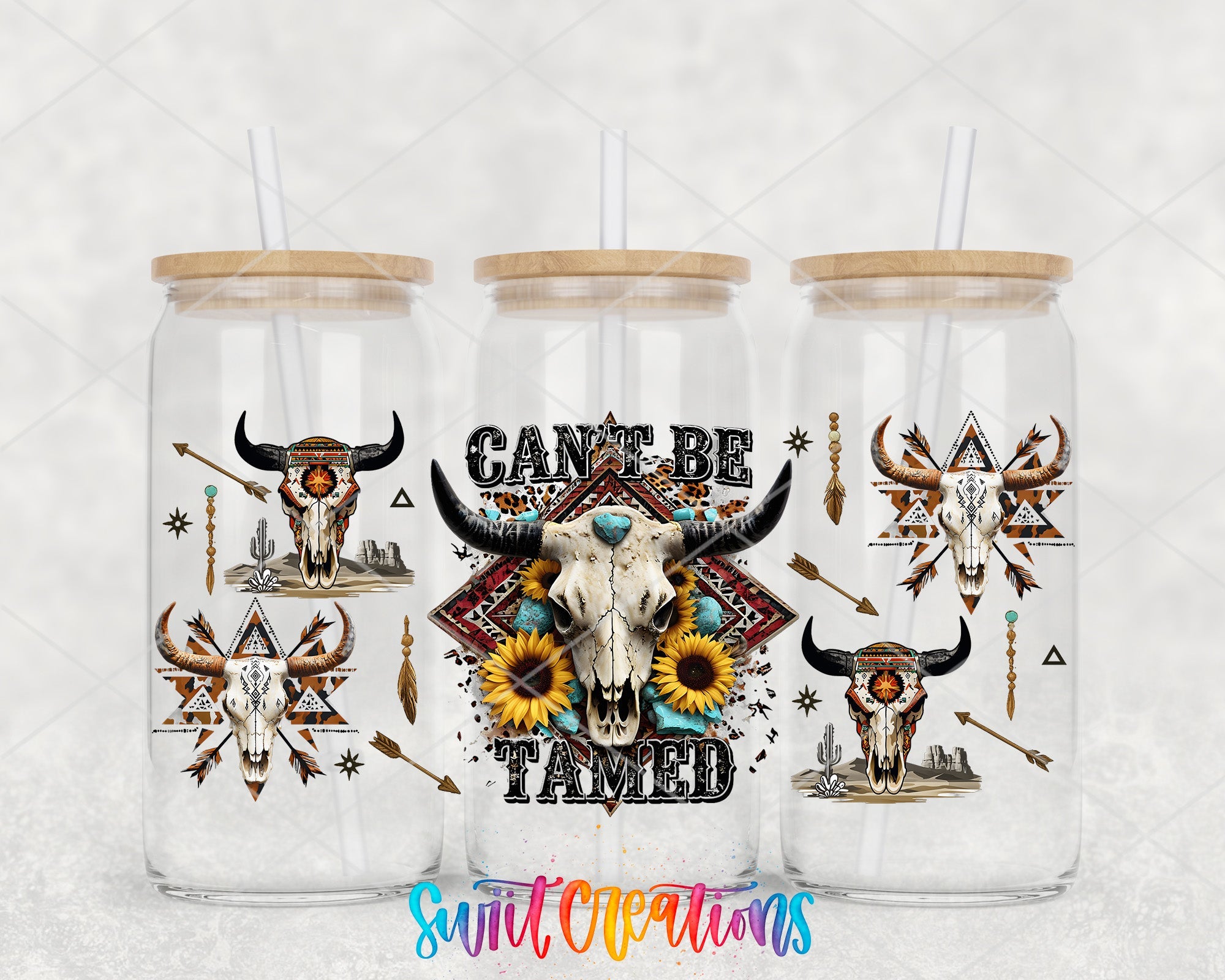 Cant Be Tamed Western UV DTF Transfer Tumbler Wrap | Boho Bull Skull Sunflower Tumbler Design | DTF283 - Swiit Creations