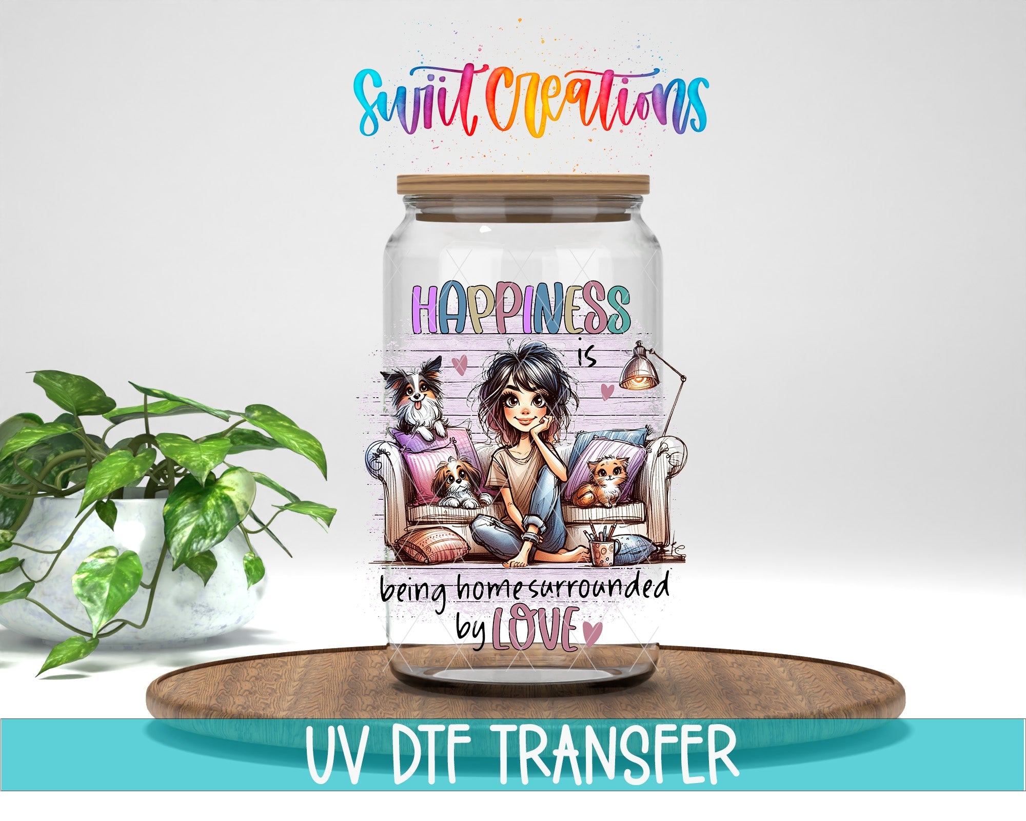 Swiit Creations UV DTF Cat Mom Fur Mama transfer displayed on a clear jar mockup