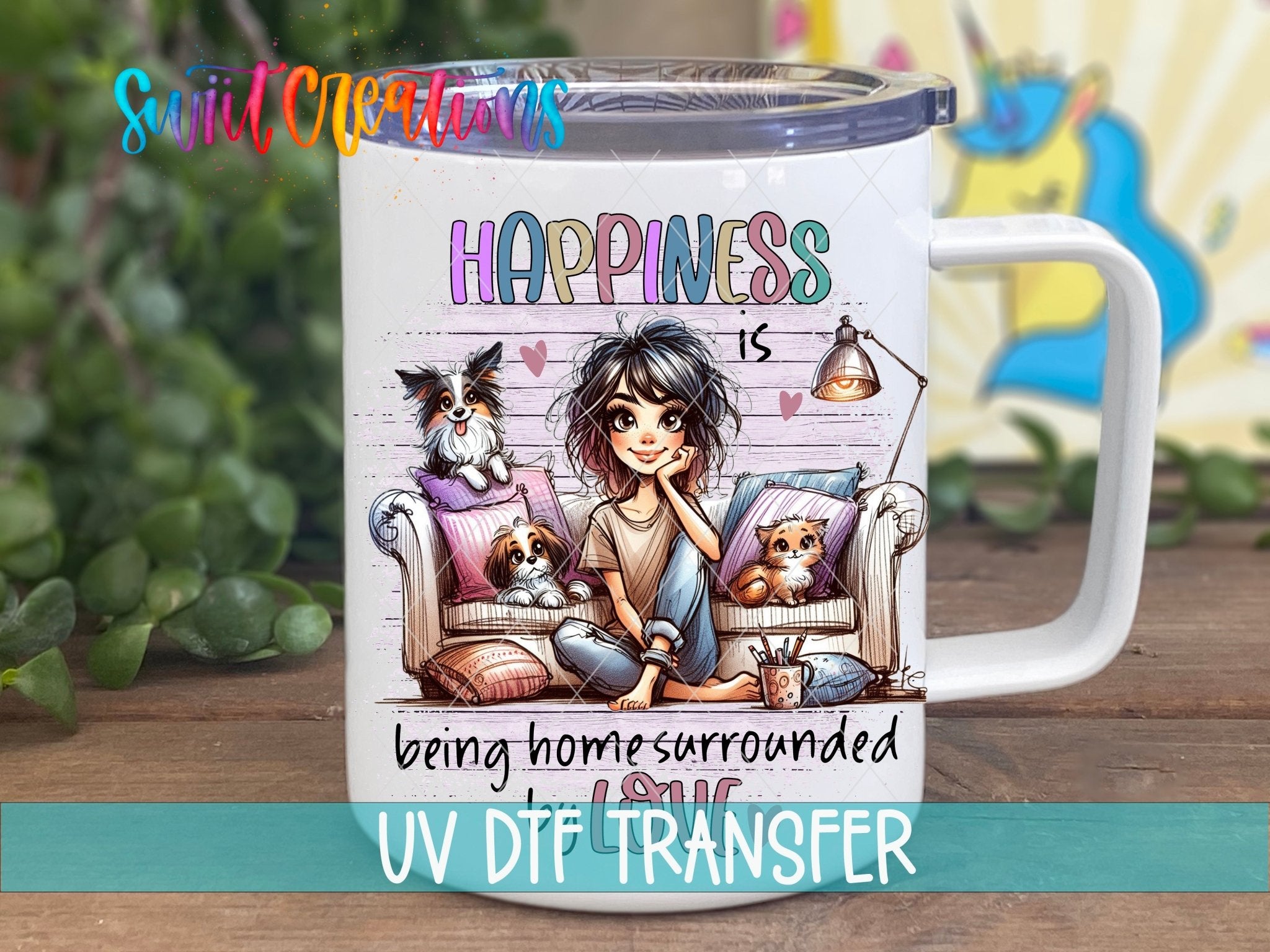 Swiit Creations UV DTF Cat Mom Fur Mama transfer displayed on a white coffee mug