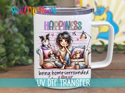 Happiness Is Being Home UV DTF transfer on a white stainless steel mug with a lid