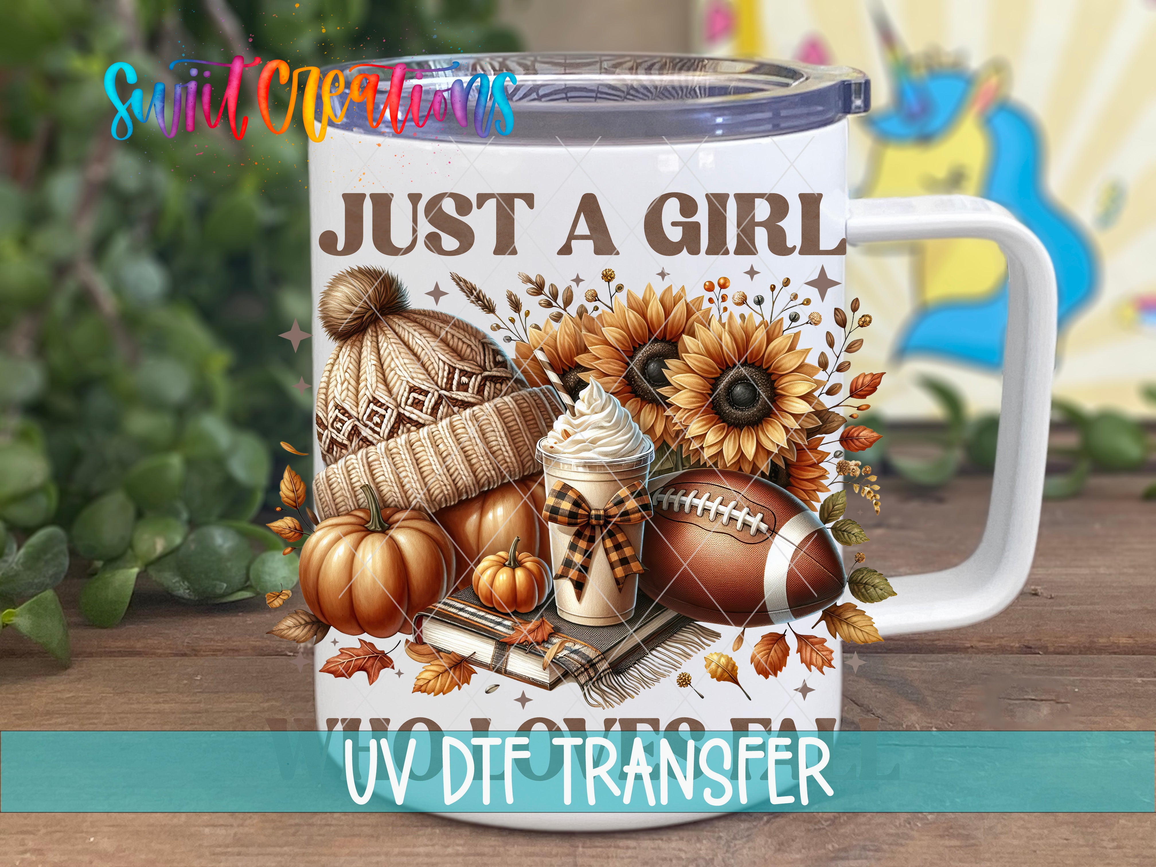 A white mug with a printed design featuring autumn-themed items such as sunflowers, pumpkins, a football, and a hat.
