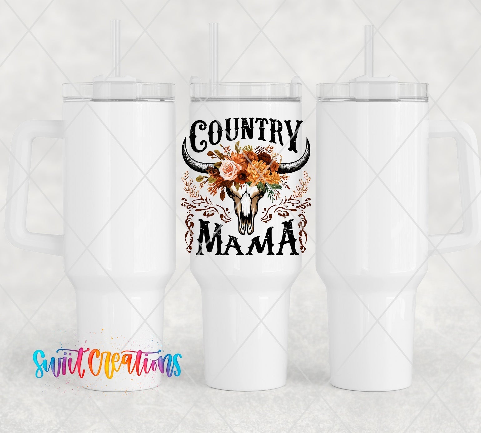 two white tumblers with the words country mama on them