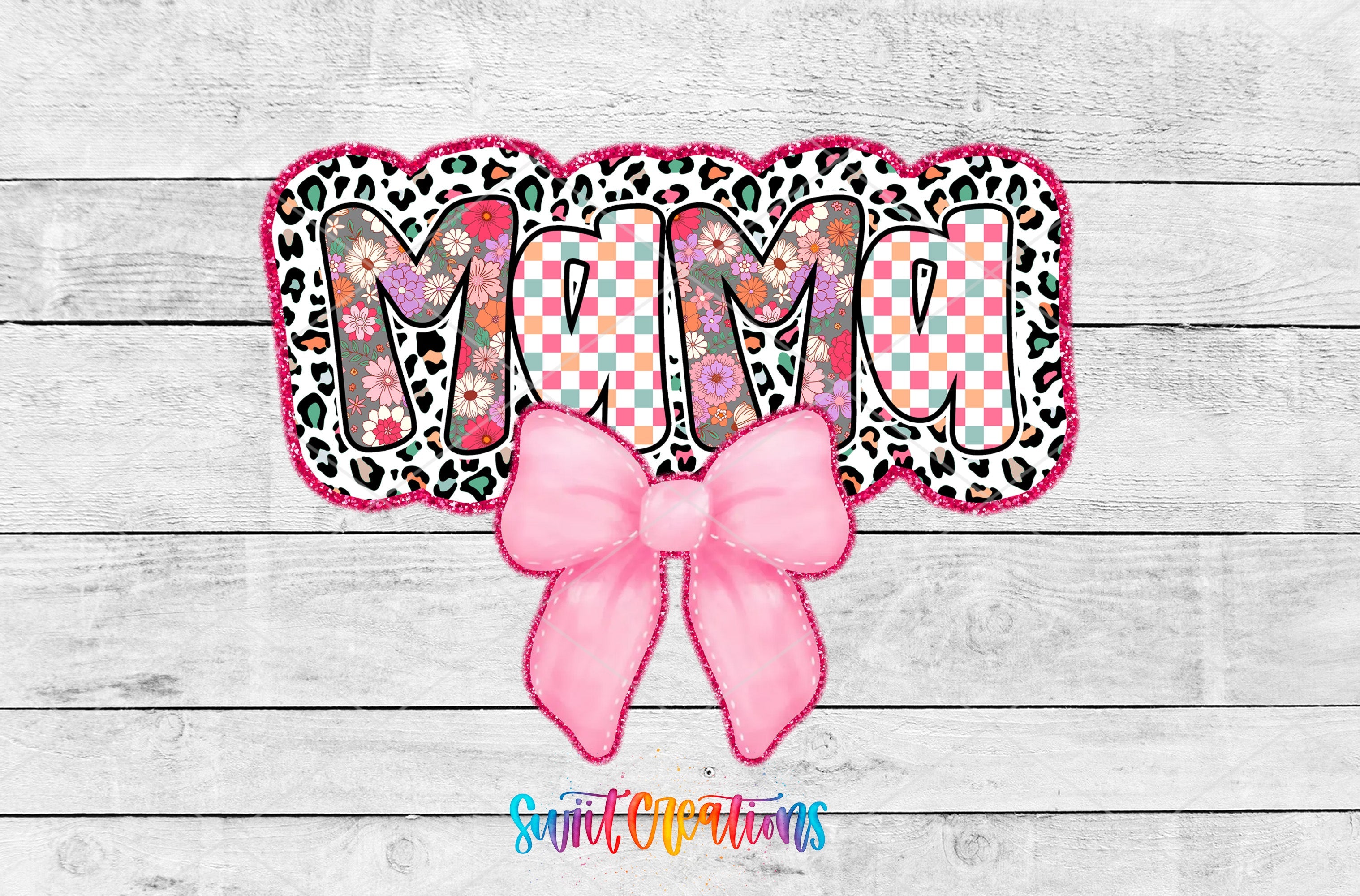 the word mom with a pink bow on it