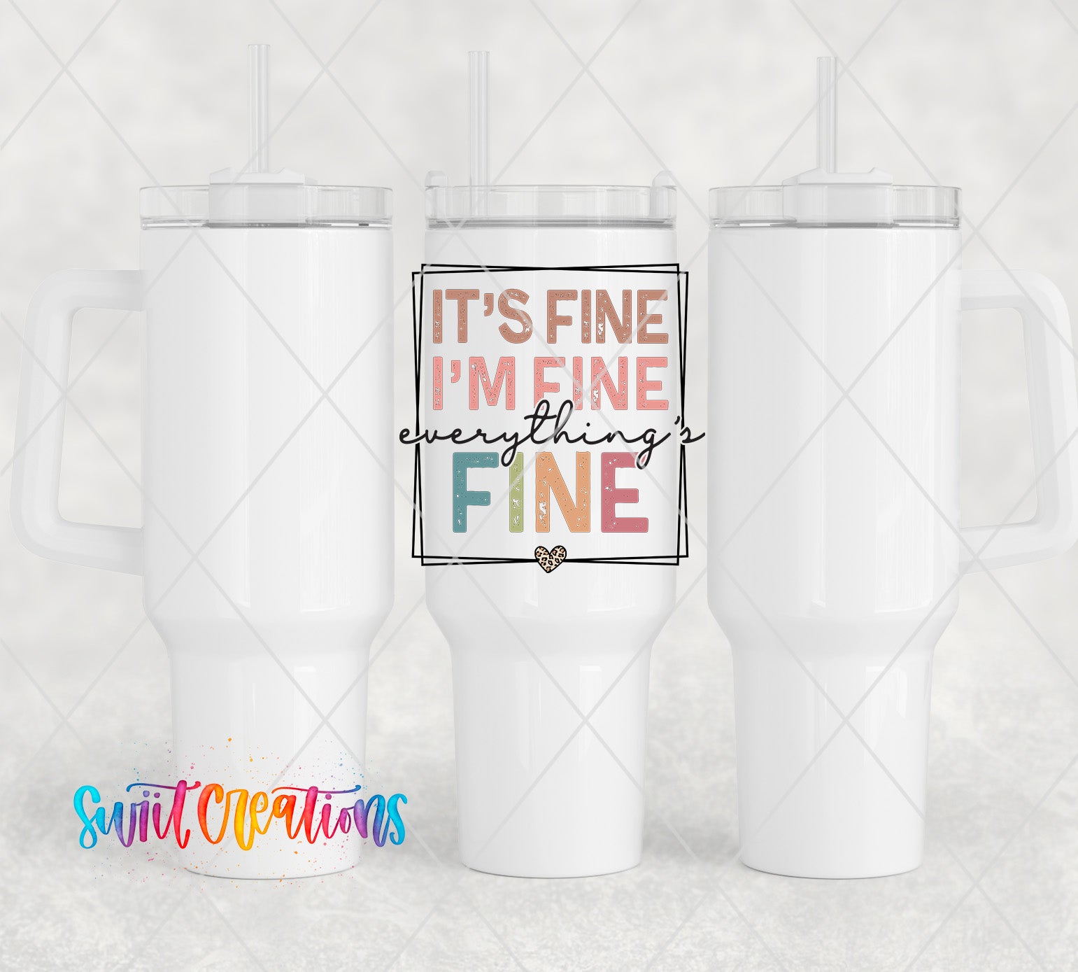 two white coffee mugs with the words it's fine i'm fine