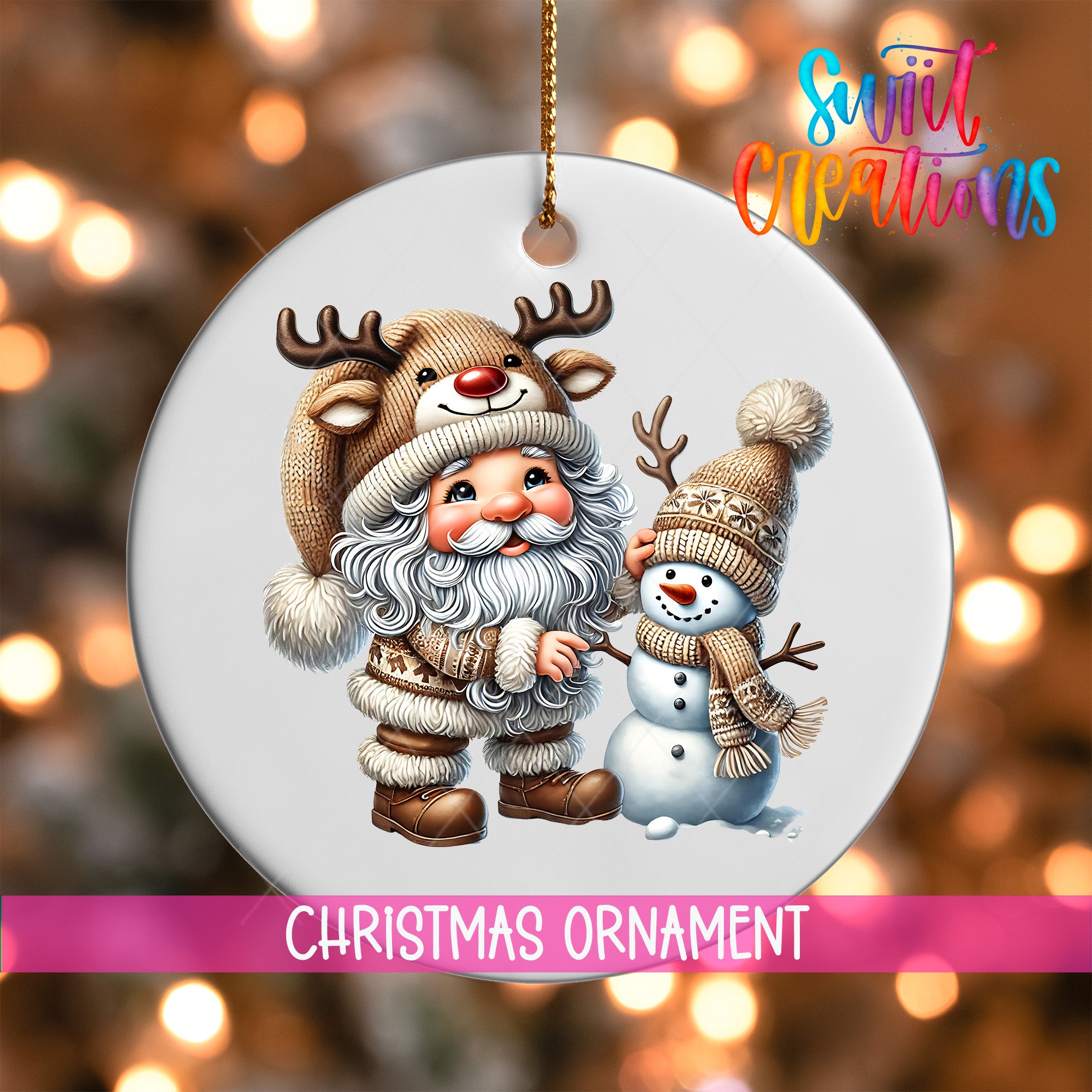 A Christmas ornament featuring Santa Claus and a snowman, with the text "Christmas Ornament" below the image.