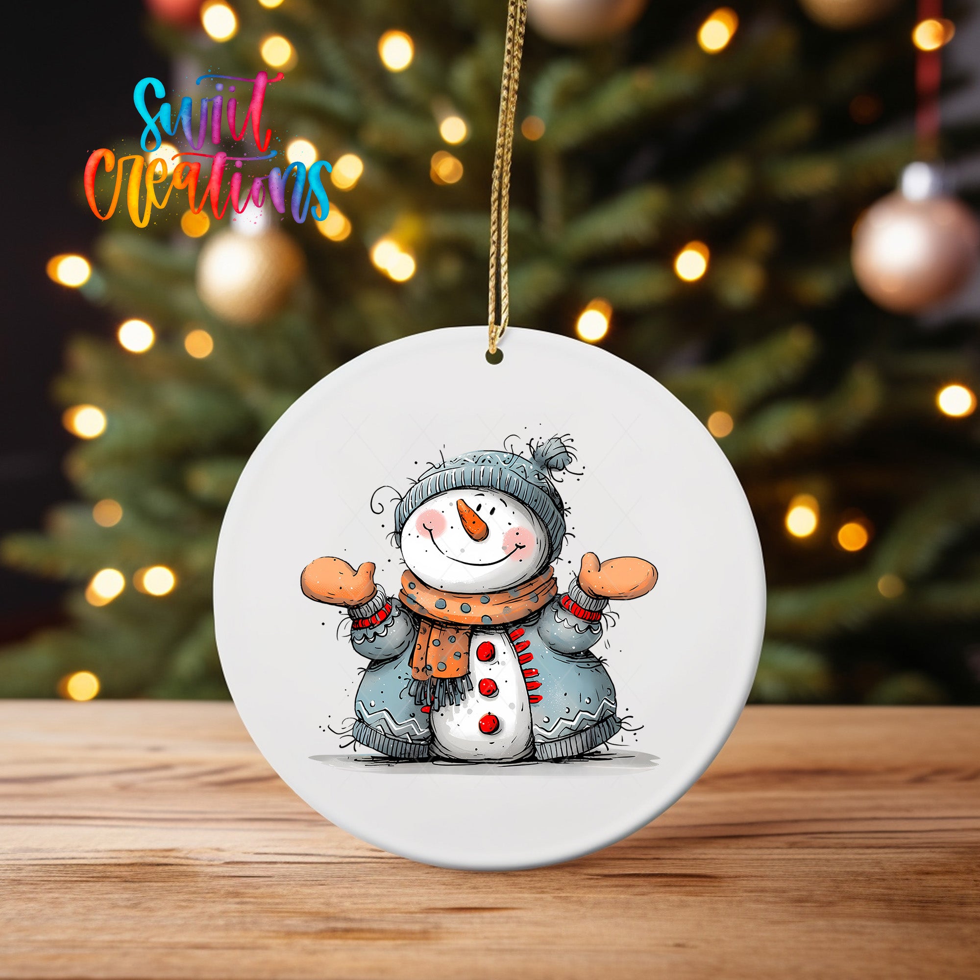 A white ornament featuring a snowman is hanging on a string, with a blurred background of a Christmas tree and twinkling lights.