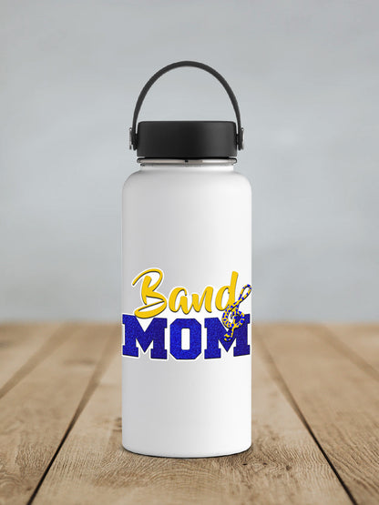 Gold and Blue Band Mom sticker on a white insulated water bottle
