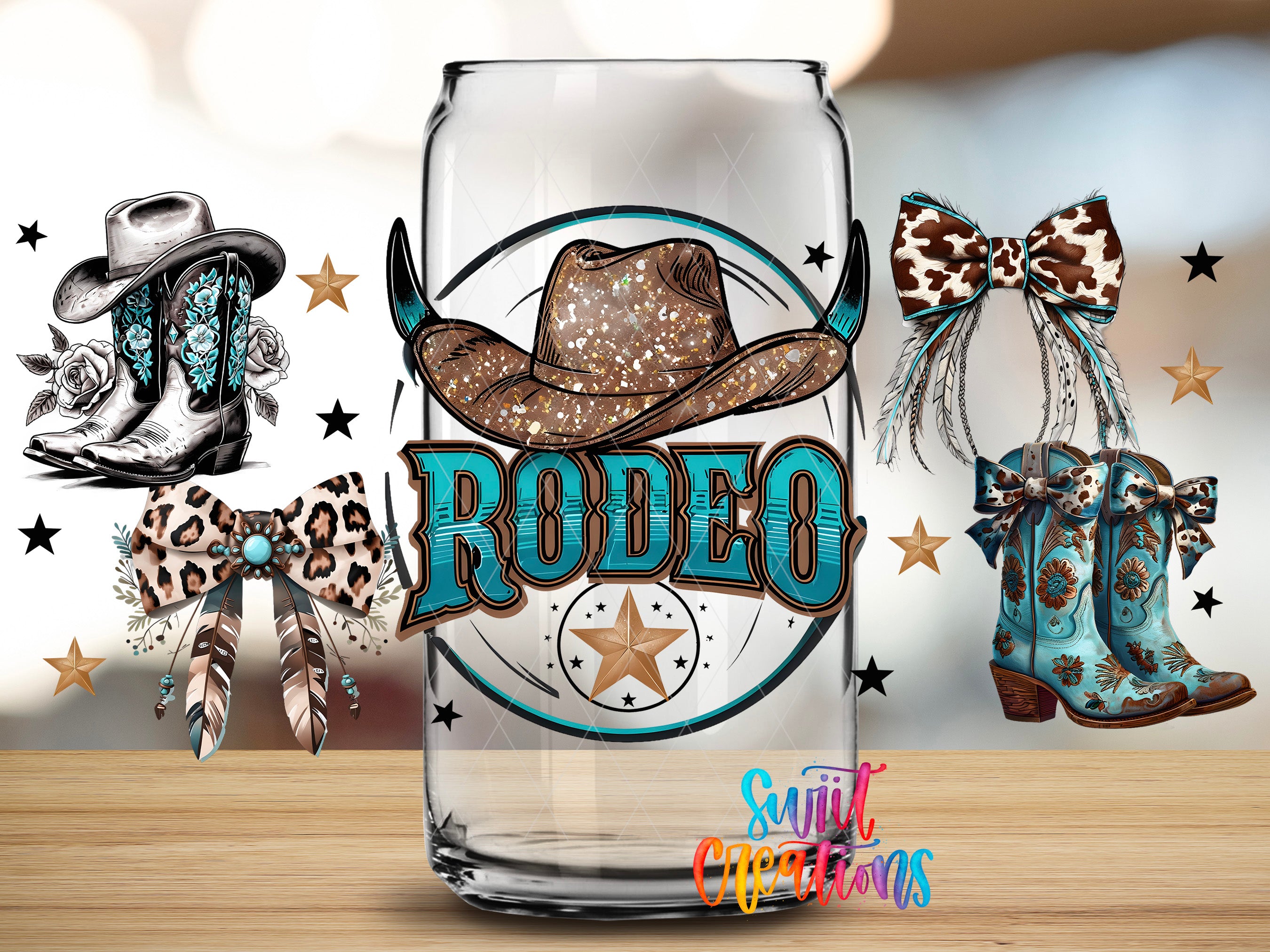 a glass can with a cowboy hat and various western-themed elements, such as boots, bows, and stars, all set against a blurred background.