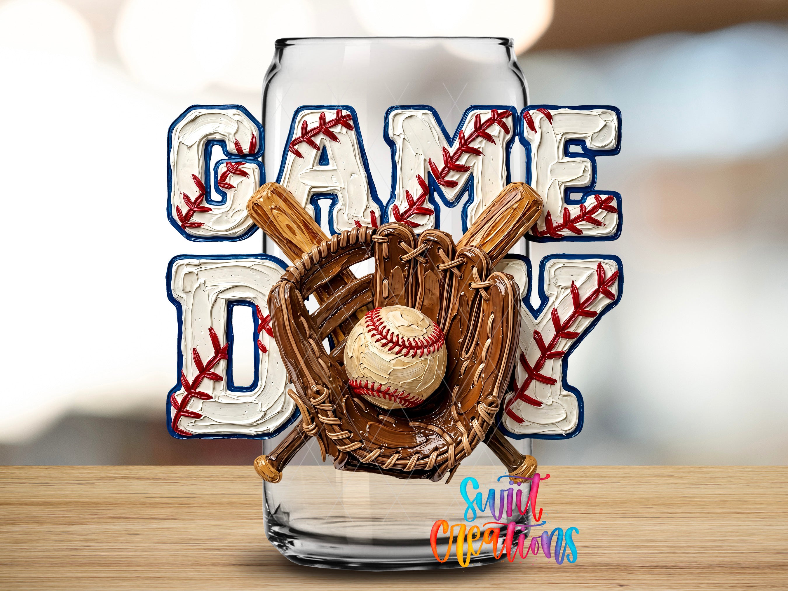 A glass jar with a baseball-themed design, including a baseball glove, ball, and bat, along with the word "GAME" prominently displayed.