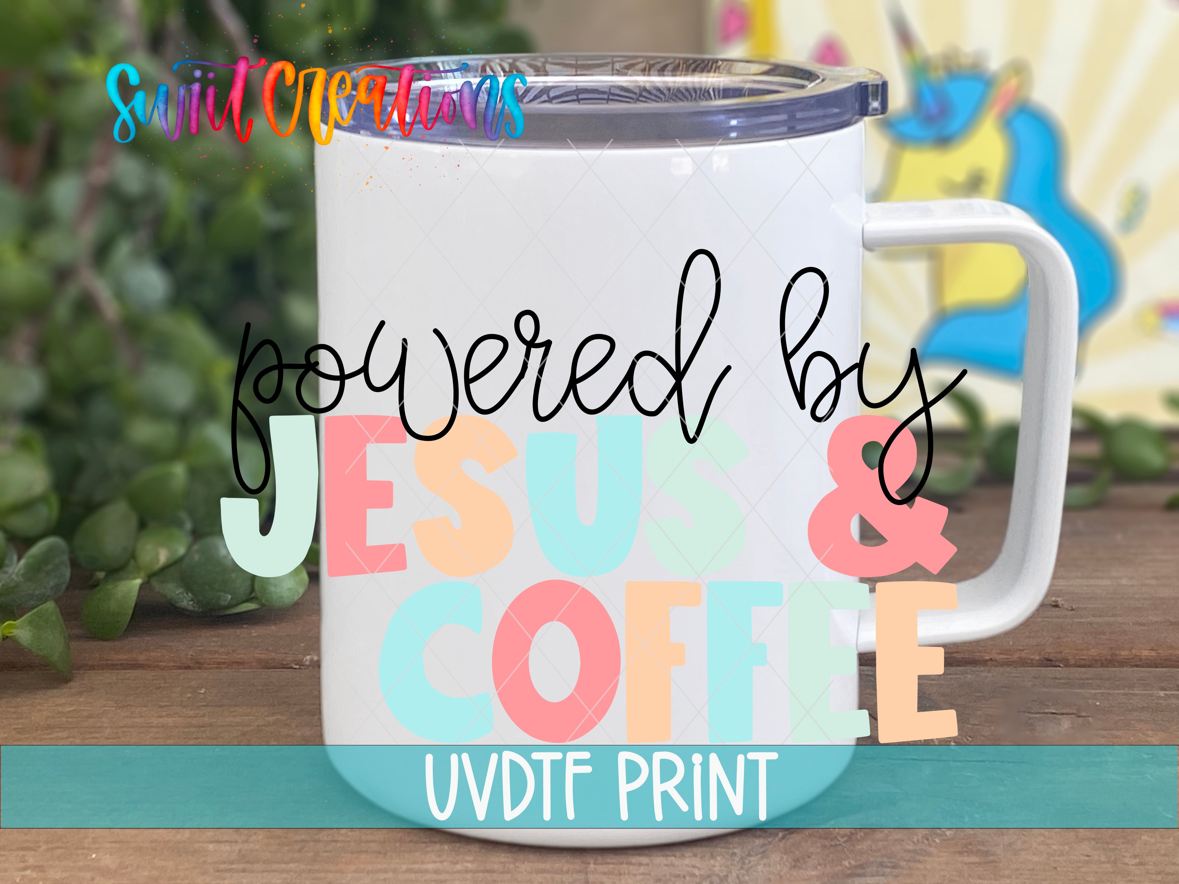 a white coffee mug with the words joy loved by jesus and coffee on it