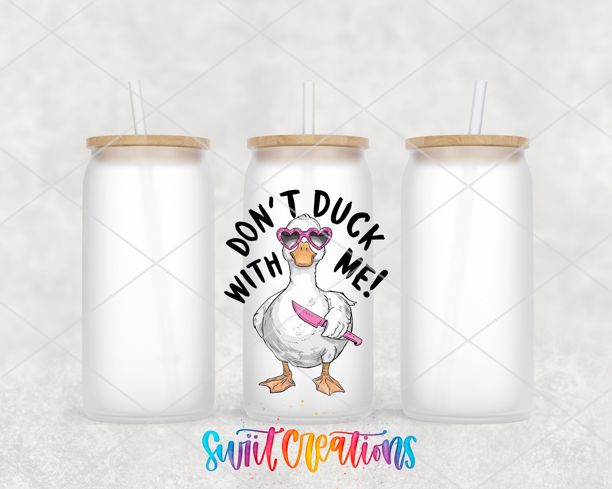a couple of water bottles with a duck on them