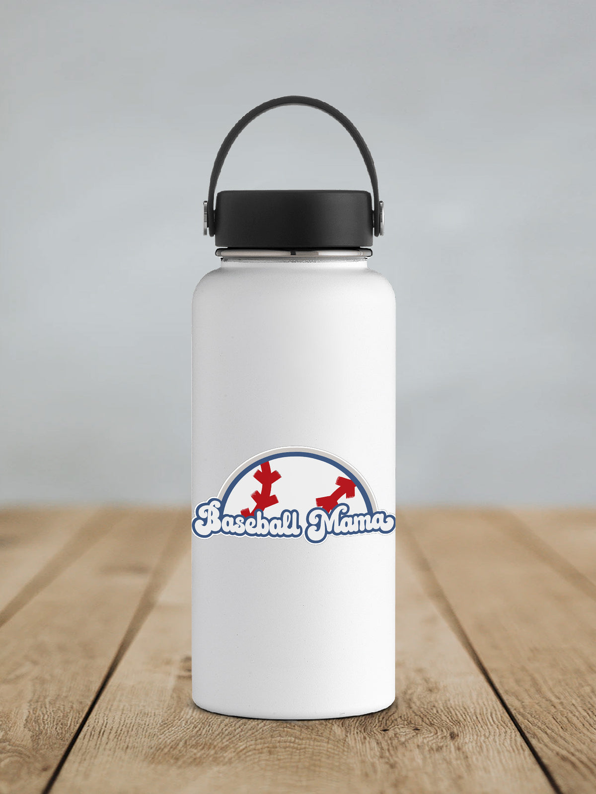 Baseball Mama sticker on a white insulated water bottle
