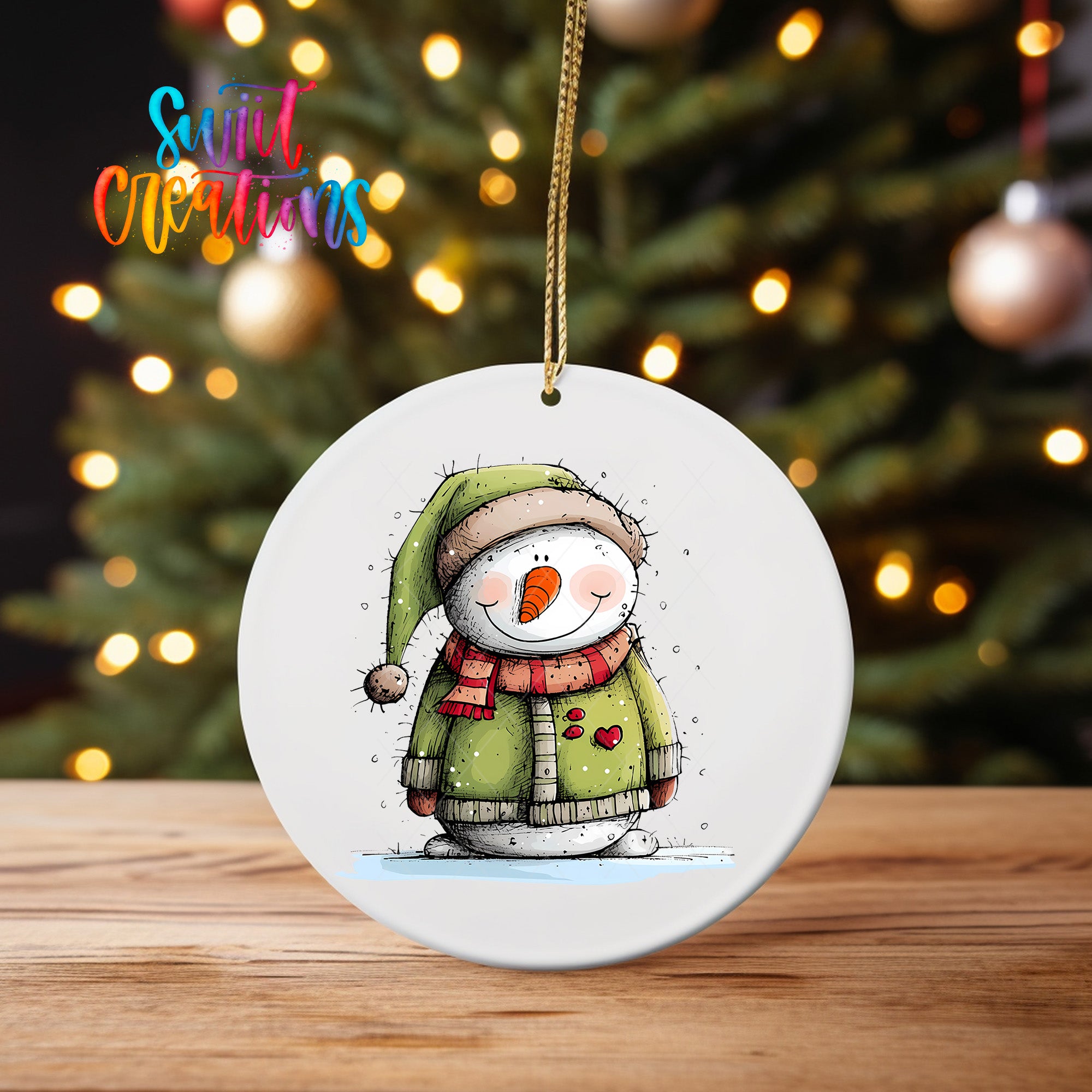 A white ceramic ornament featuring a snowman with a green hat and scarf, sitting on a wooden surface in front of a blurred Christmas tree with twinkling lights.