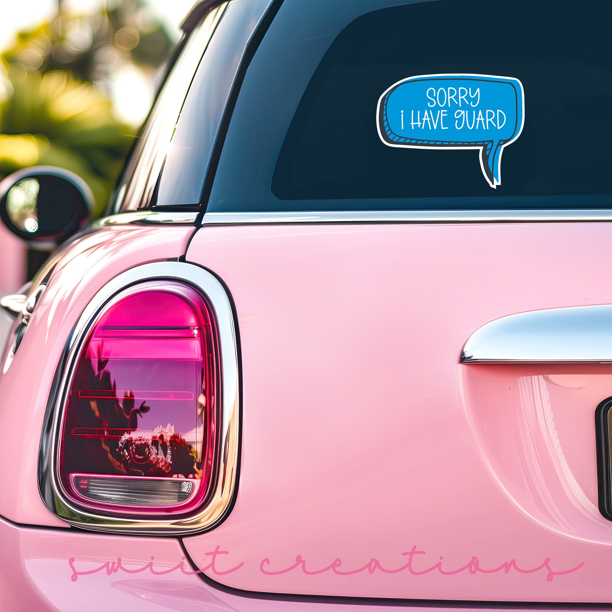 a pink car with a speech bubble on it