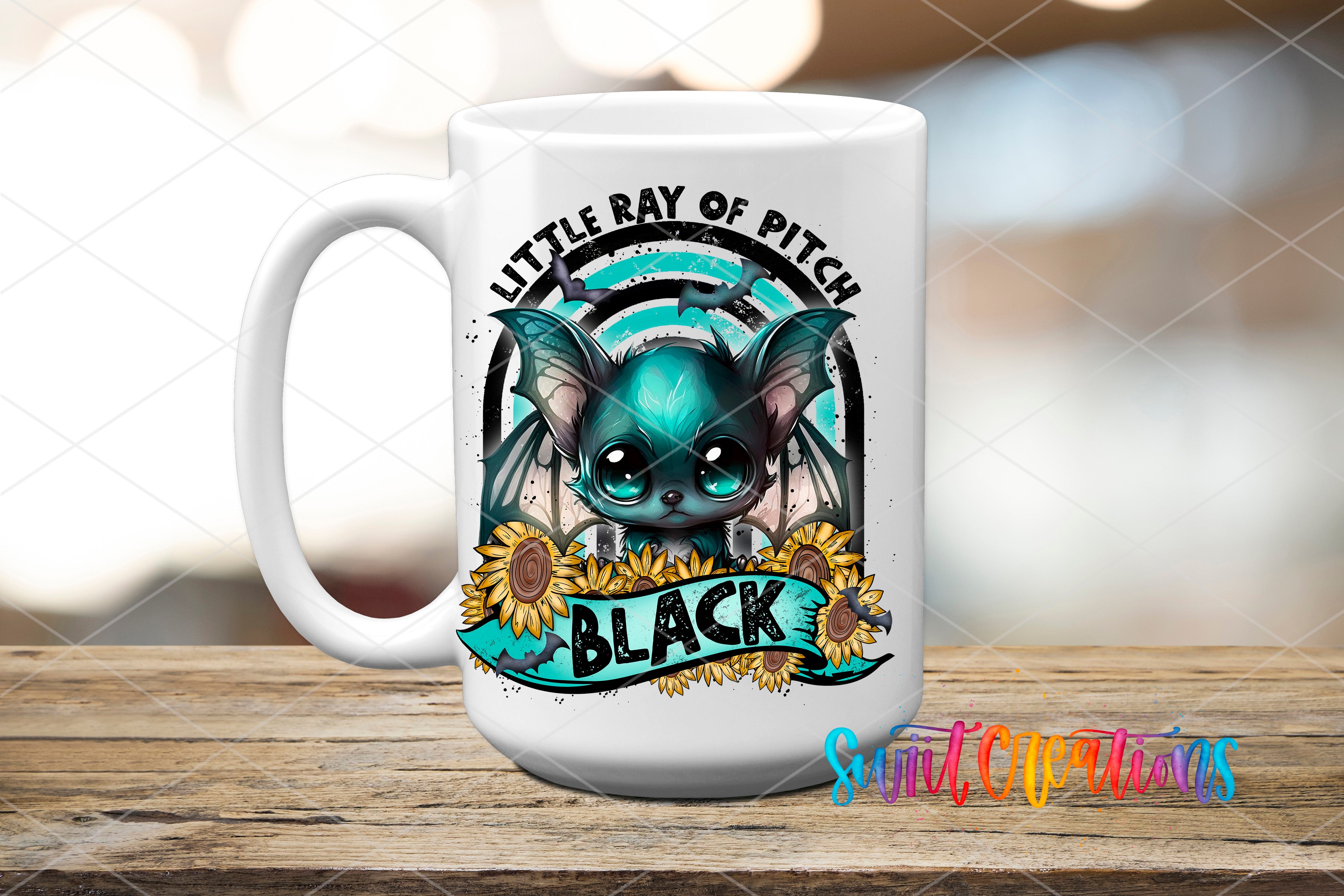 A white ceramic mug with a colorful design featuring a bat-like creature, sunflowers, and the text "Little Ray of Pitch" and "Black".