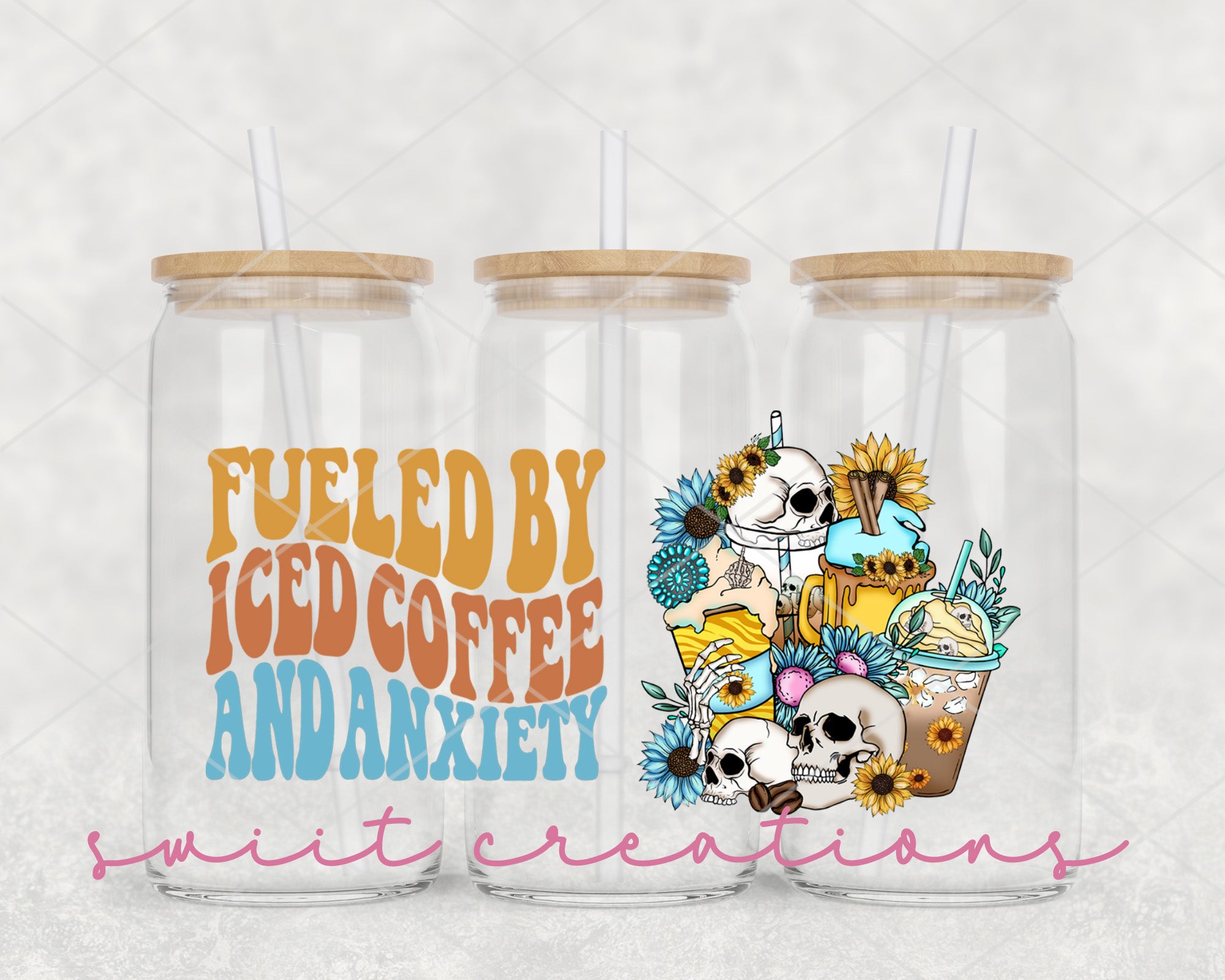two tumblers with the words fueled by iced coffee and daisies