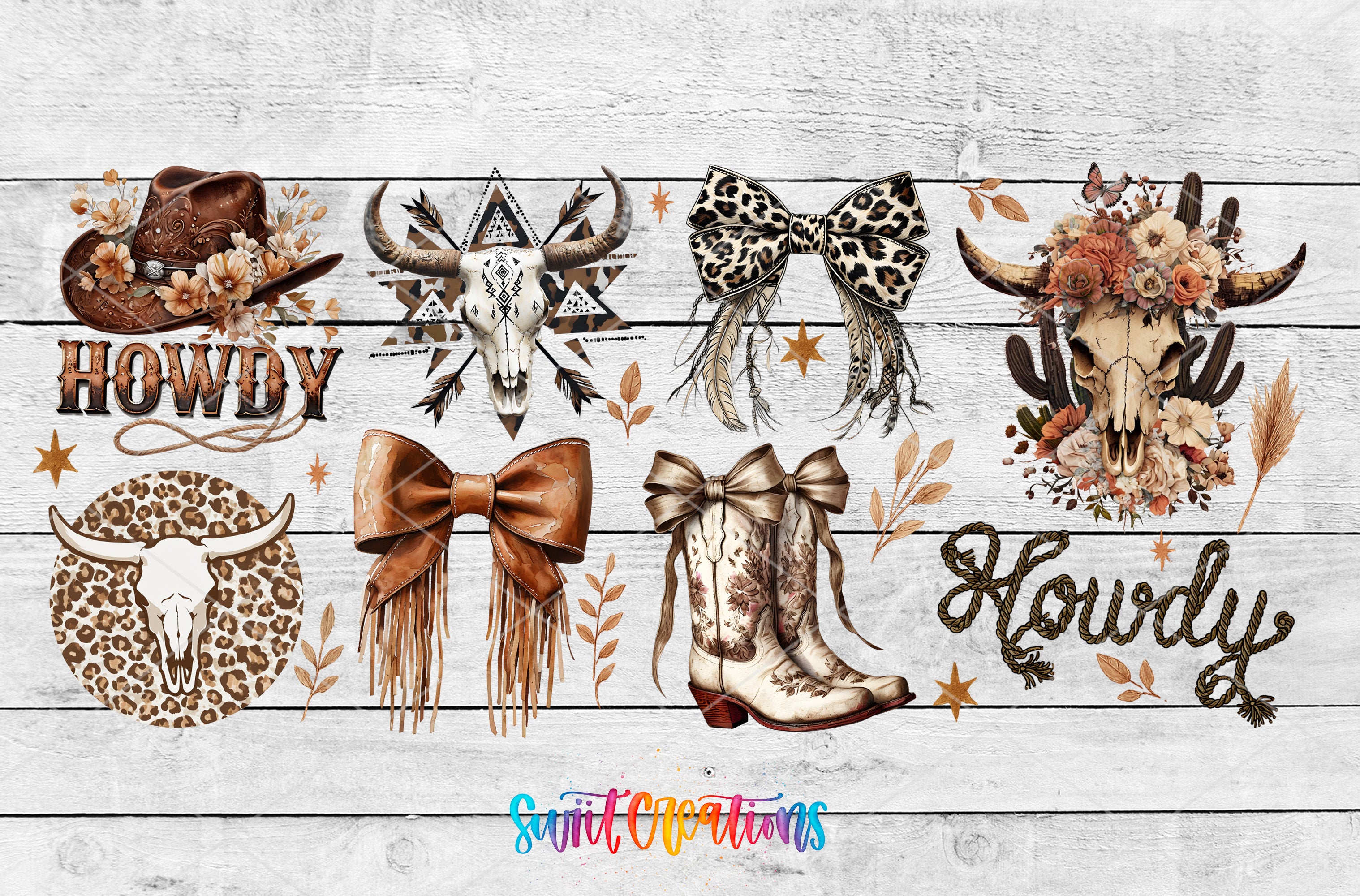 The image is a collage of various western-themed elements, including a cowboy hat, a skull, a bow, a pair of boots, and the word "Howdy" written in a stylized font.