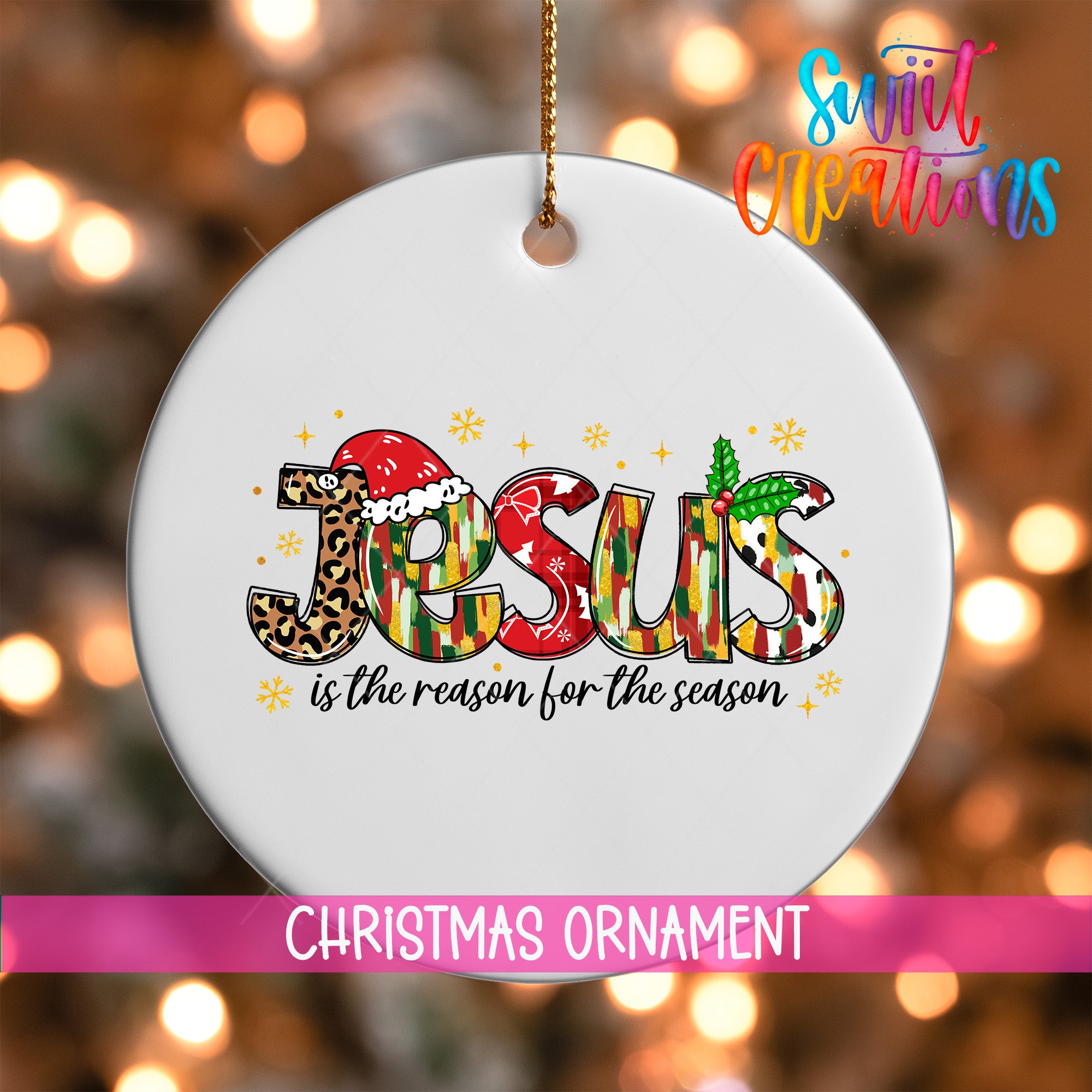 A white Christmas ornament with the text "JESUS is the reason for the season" and decorative elements such as snowflakes and a leopard print hat.