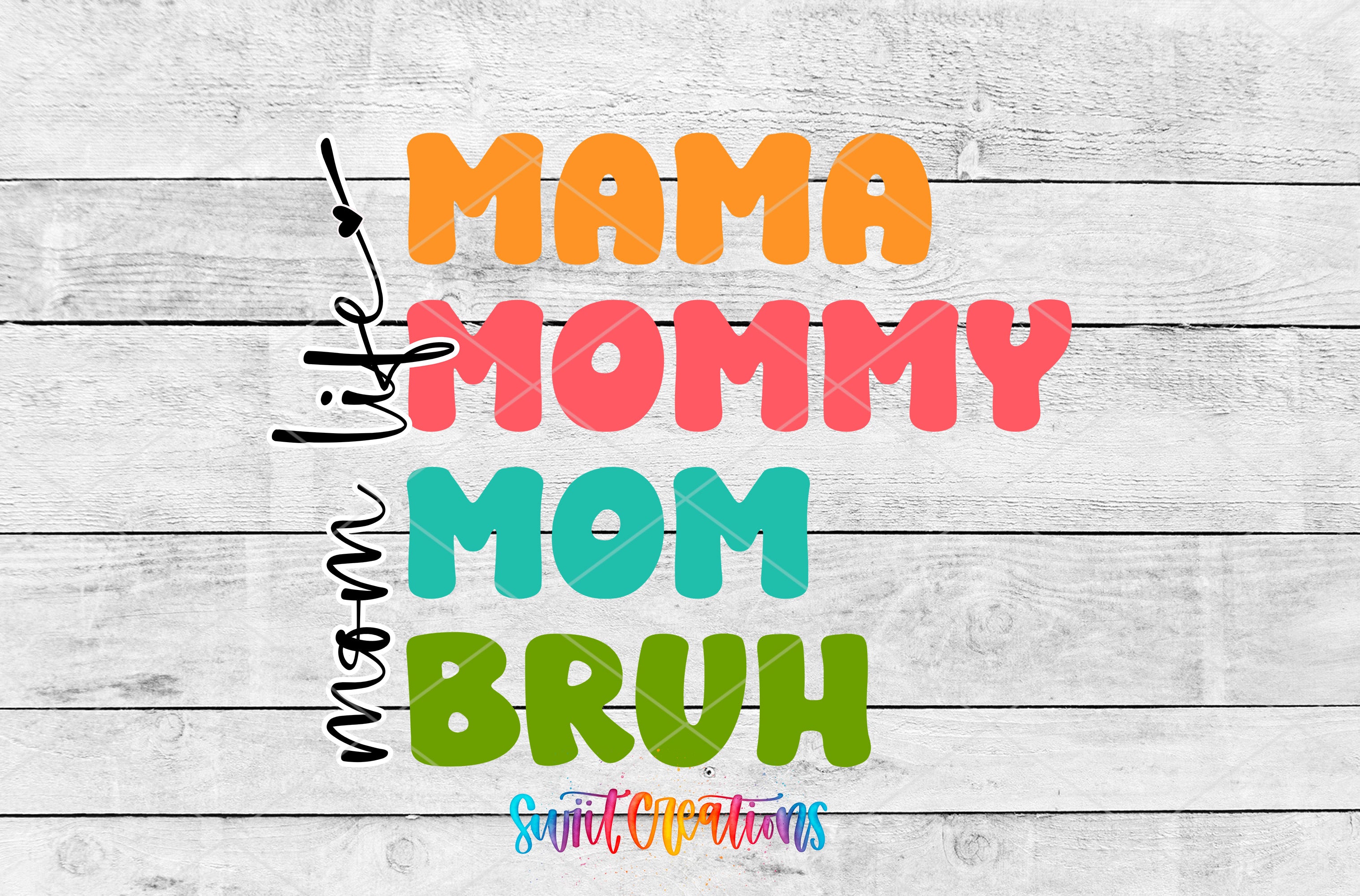 the words mama, mommy, and mom brush on a wooden background