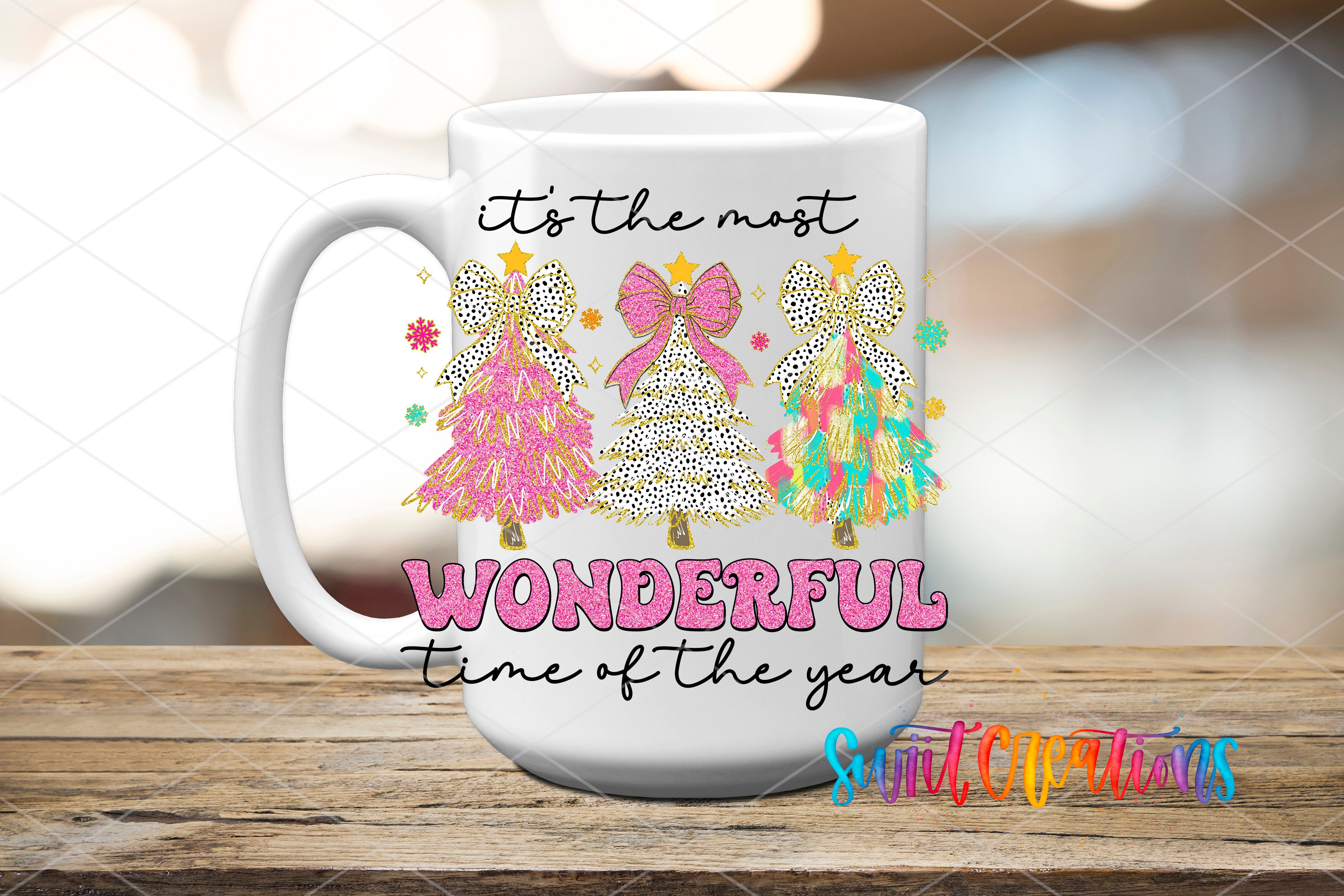 A white mug with a festive design featuring three Christmas trees in different colors and patterns, along with the text "It's the most WONDERFUL time of the year" and "Suit yourself" written below.