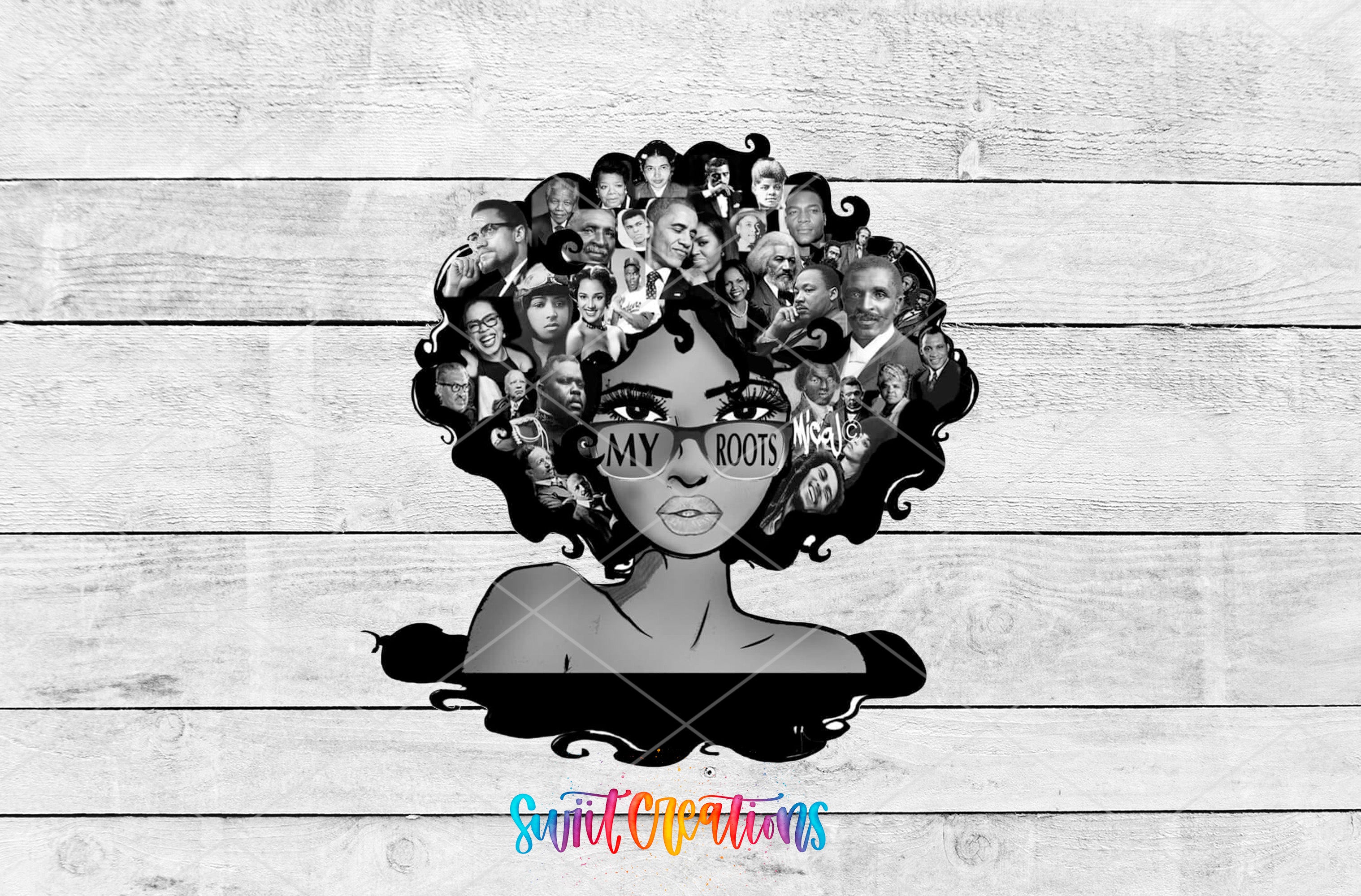 The image is a black and white illustration of a stylized female figure with a large afro hairstyle, surrounded by a collage of various images.