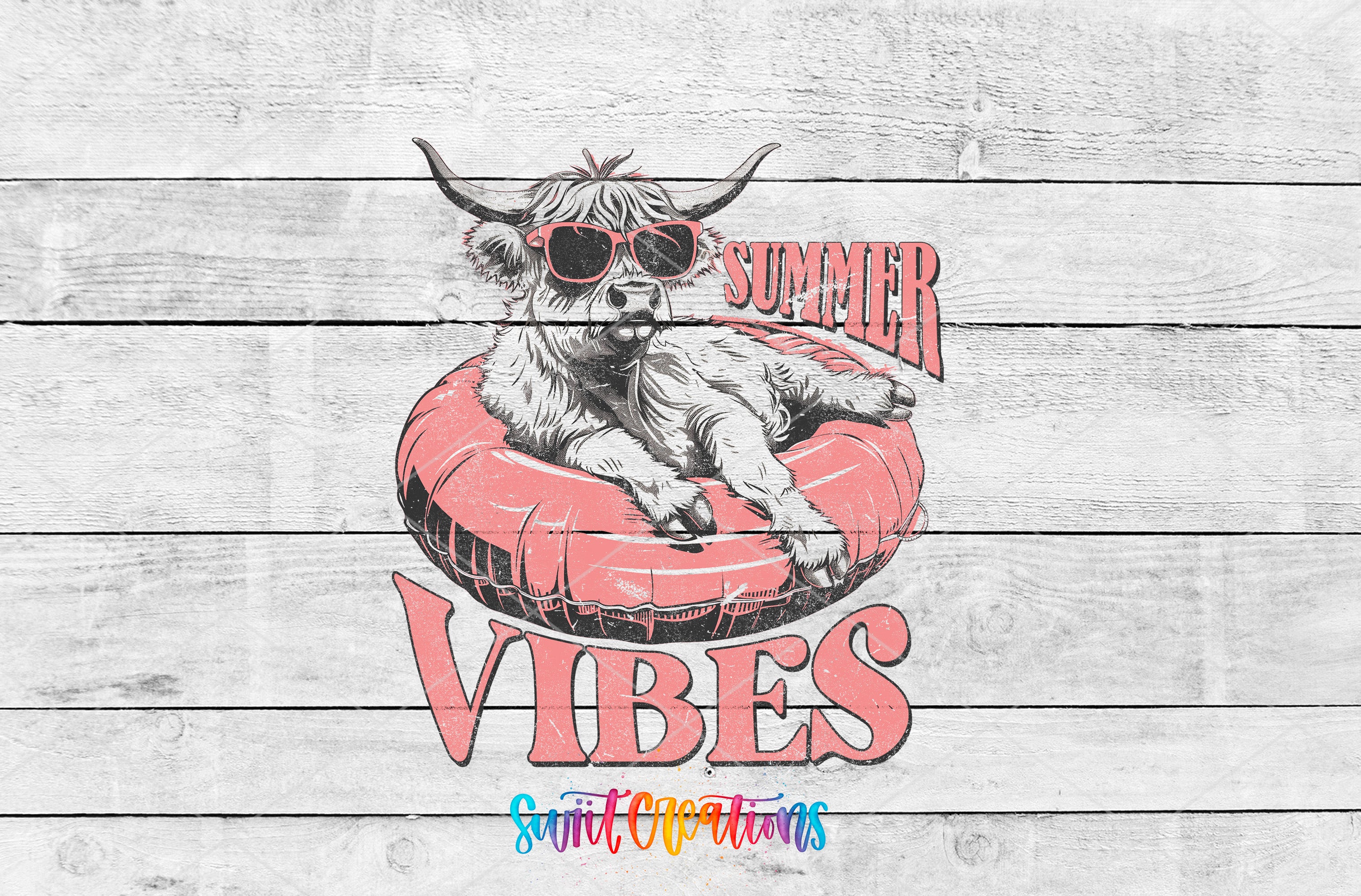 A cartoon illustration of a horned cow wearing sunglasses and floating on a red inner tube, with the text "Summer Vibes" and "Swift Creations" below.