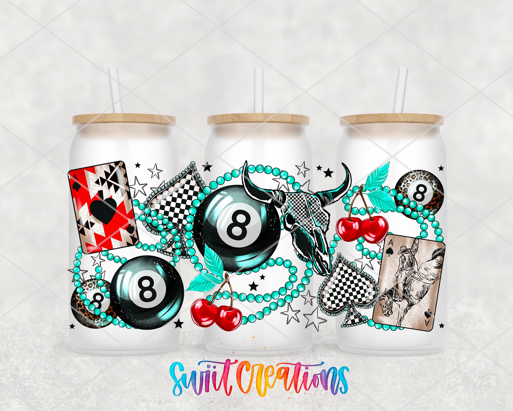 three white tumblers with various colorful and artistic designs on them, including a billiard ball, beads, a skull, and other decorative elements.