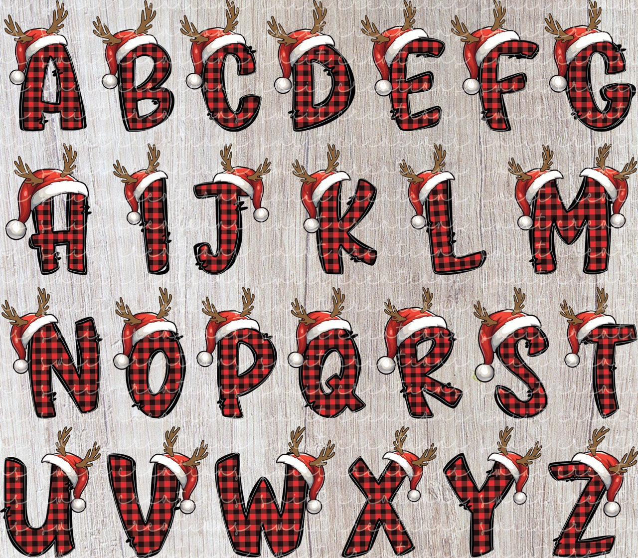 a collection of Christmas-themed letters, each with a red and black plaid pattern and a Santa hat. The letters are arranged in a grid format, with each row containing a different set of letters.