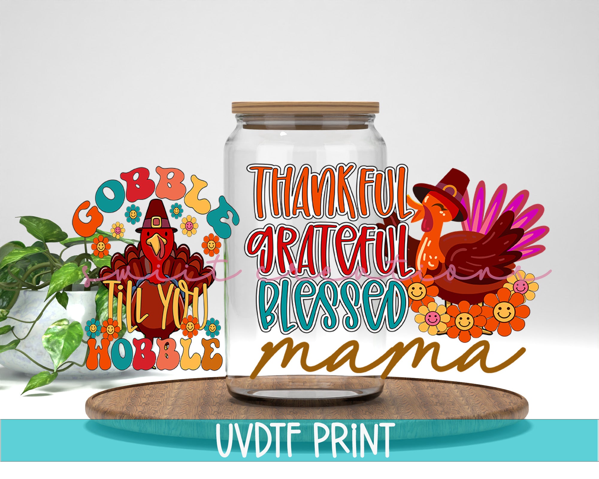 a glass jar with a turkey on it