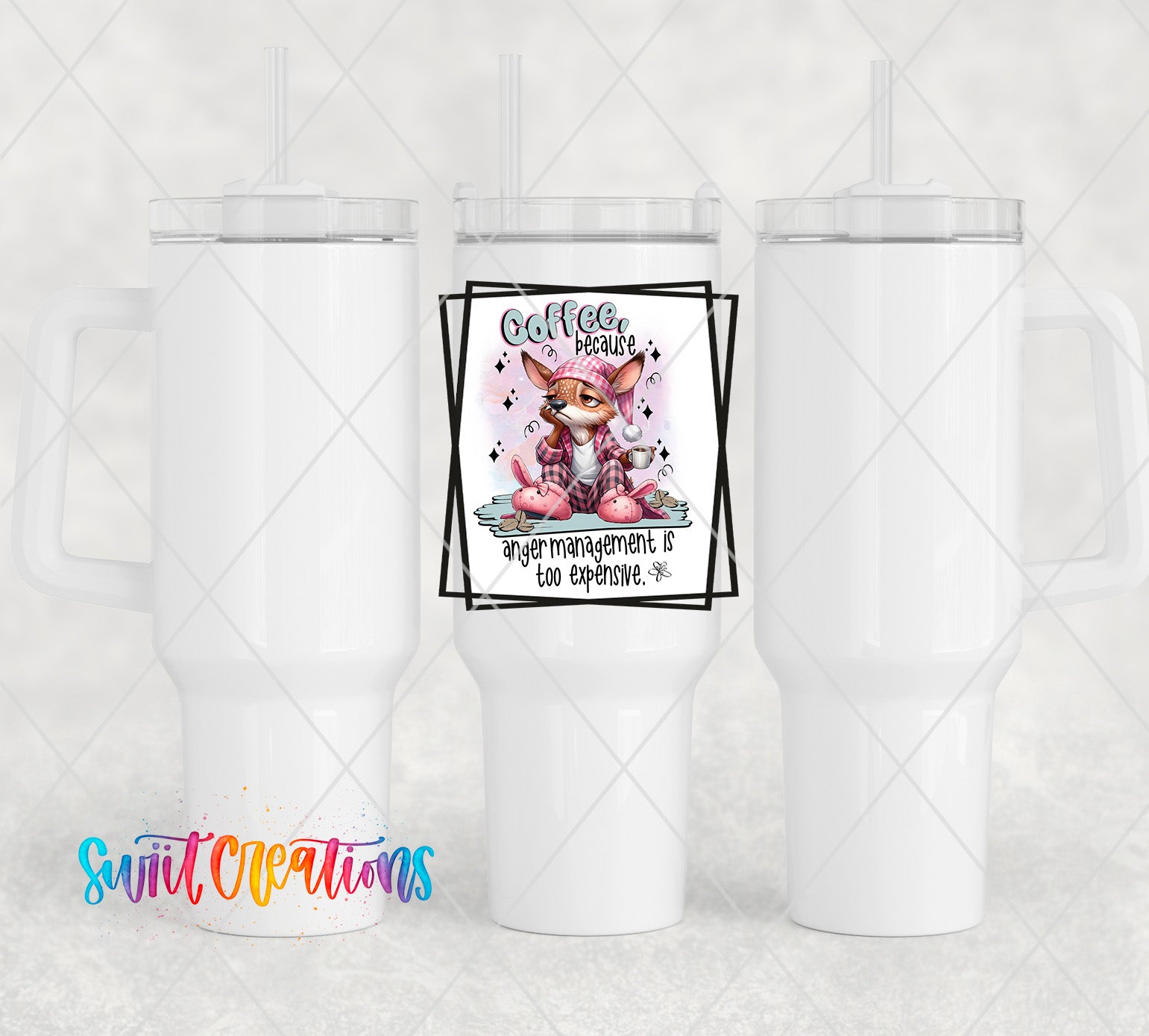 a white cup with a picture of a cat on it