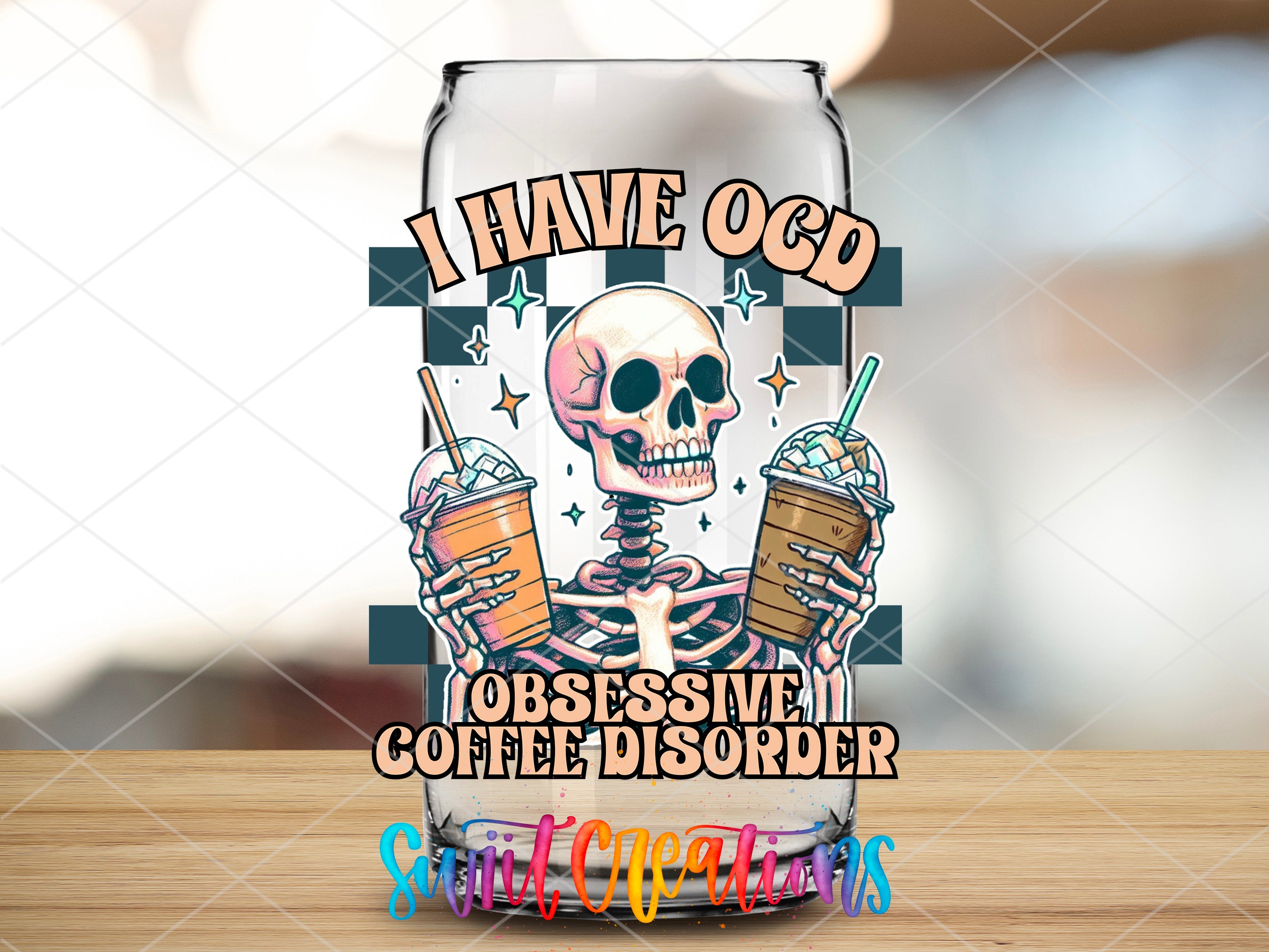 a glass with a skeleton holding a drink