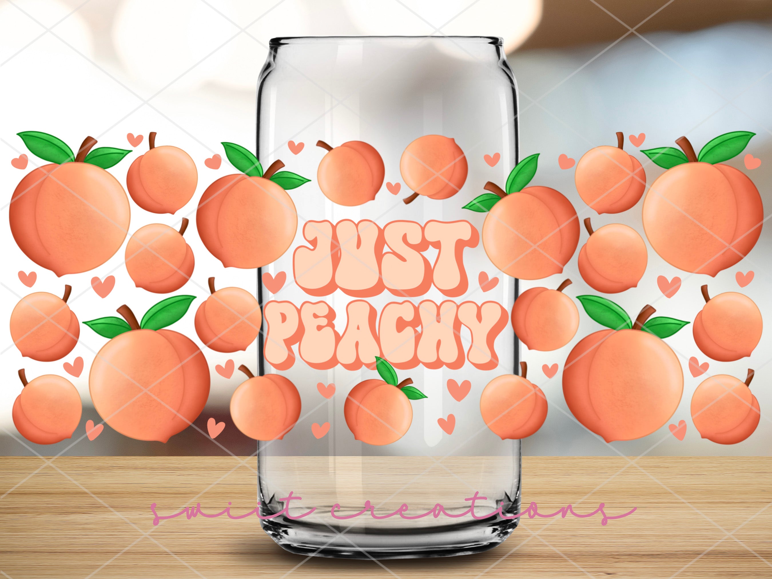 a glass jar filled with peaches sitting on top of a wooden table