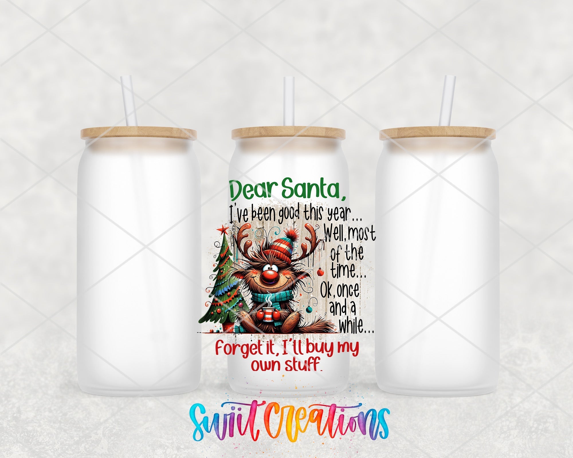 a couple of white cups with a reindeer on them