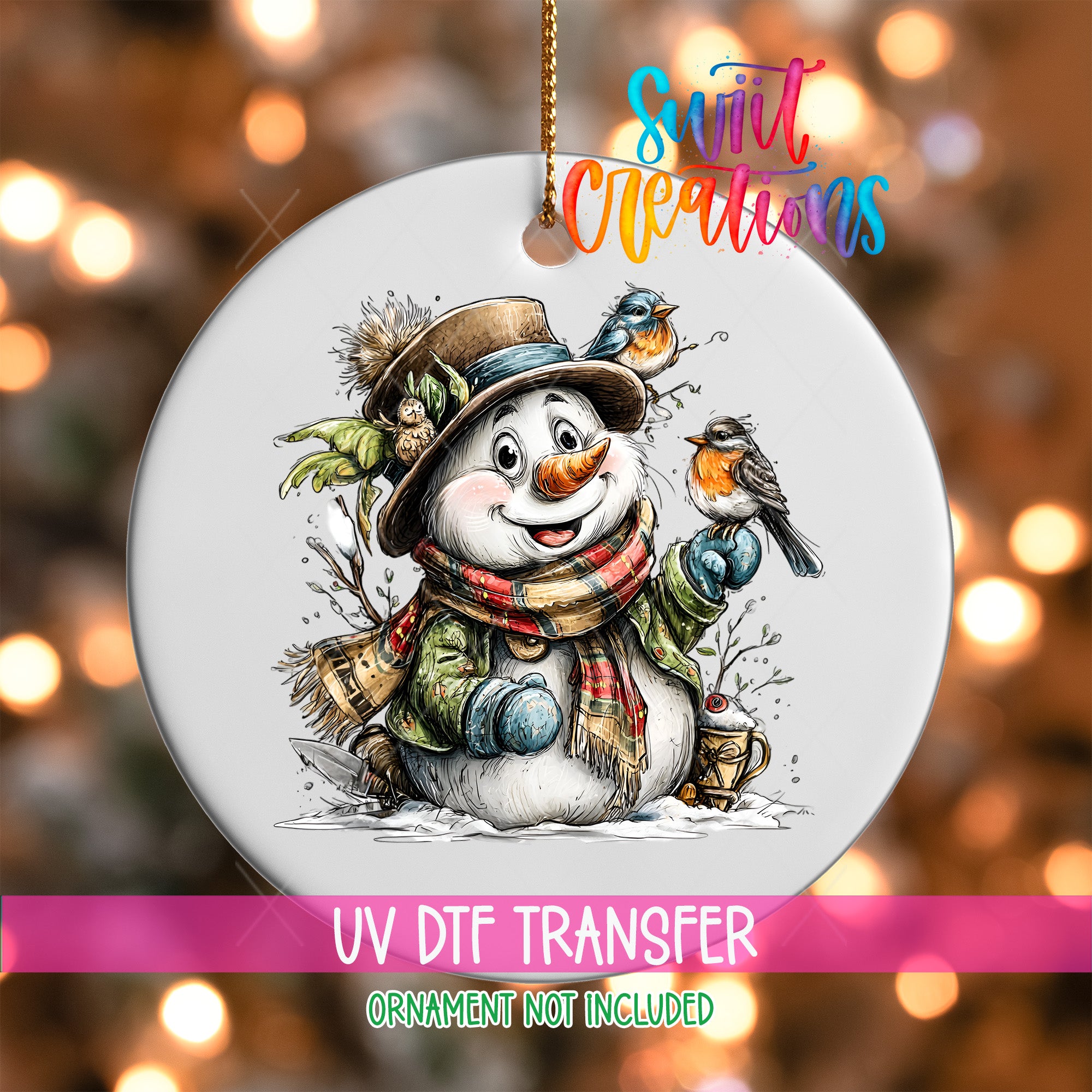 A snowman ornament with a bird perched on its shoulder, set against a background of colorful lights.