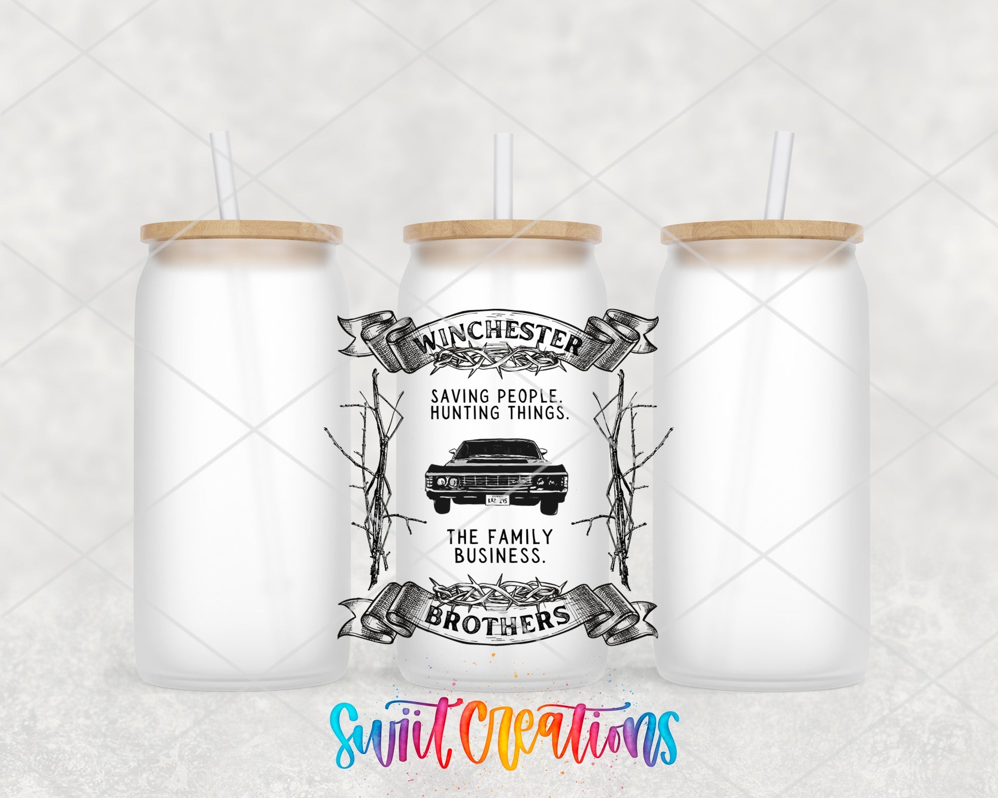 two white mason jars with a black car on them