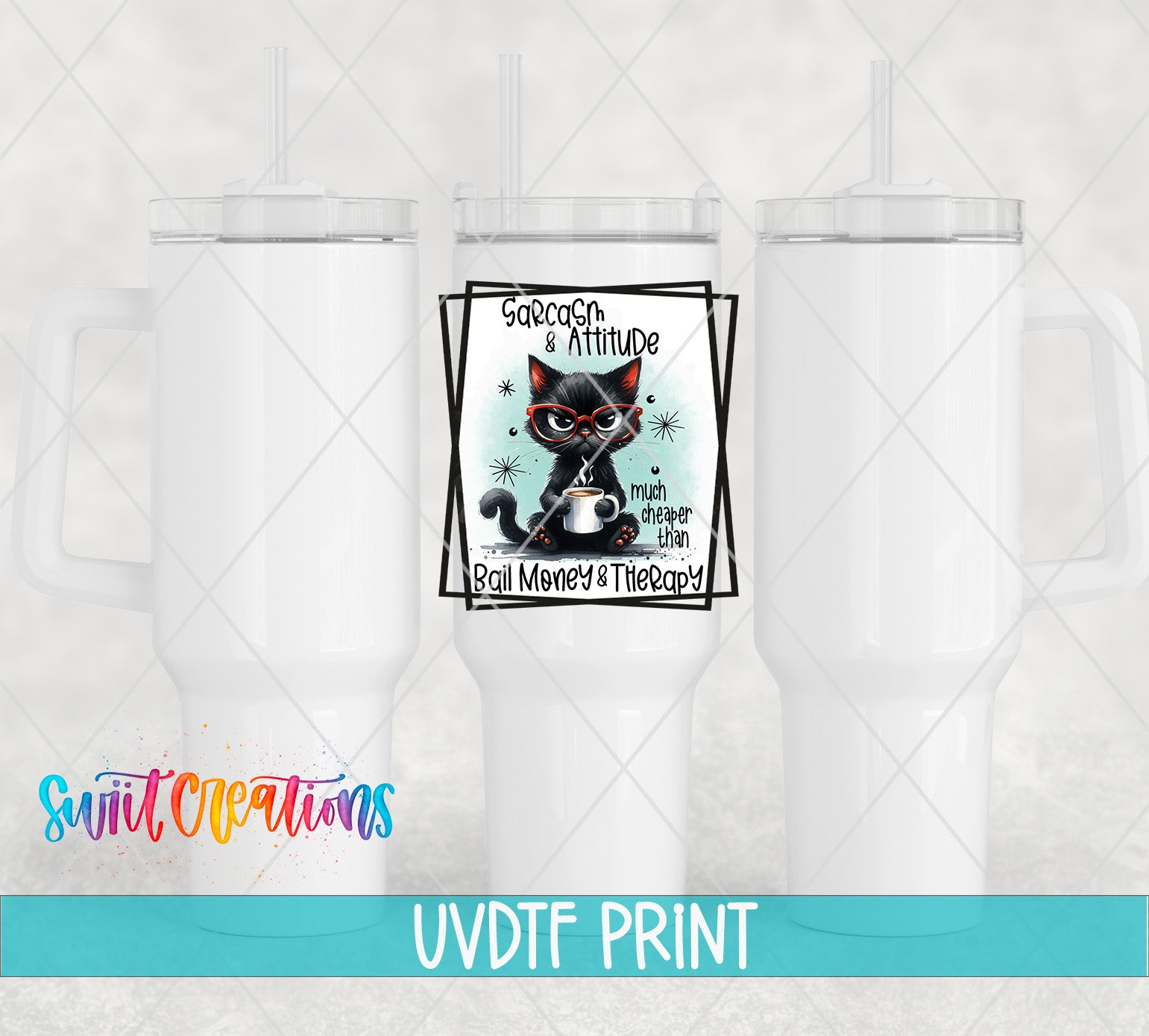 a set of three white tumblers with a black cat on it