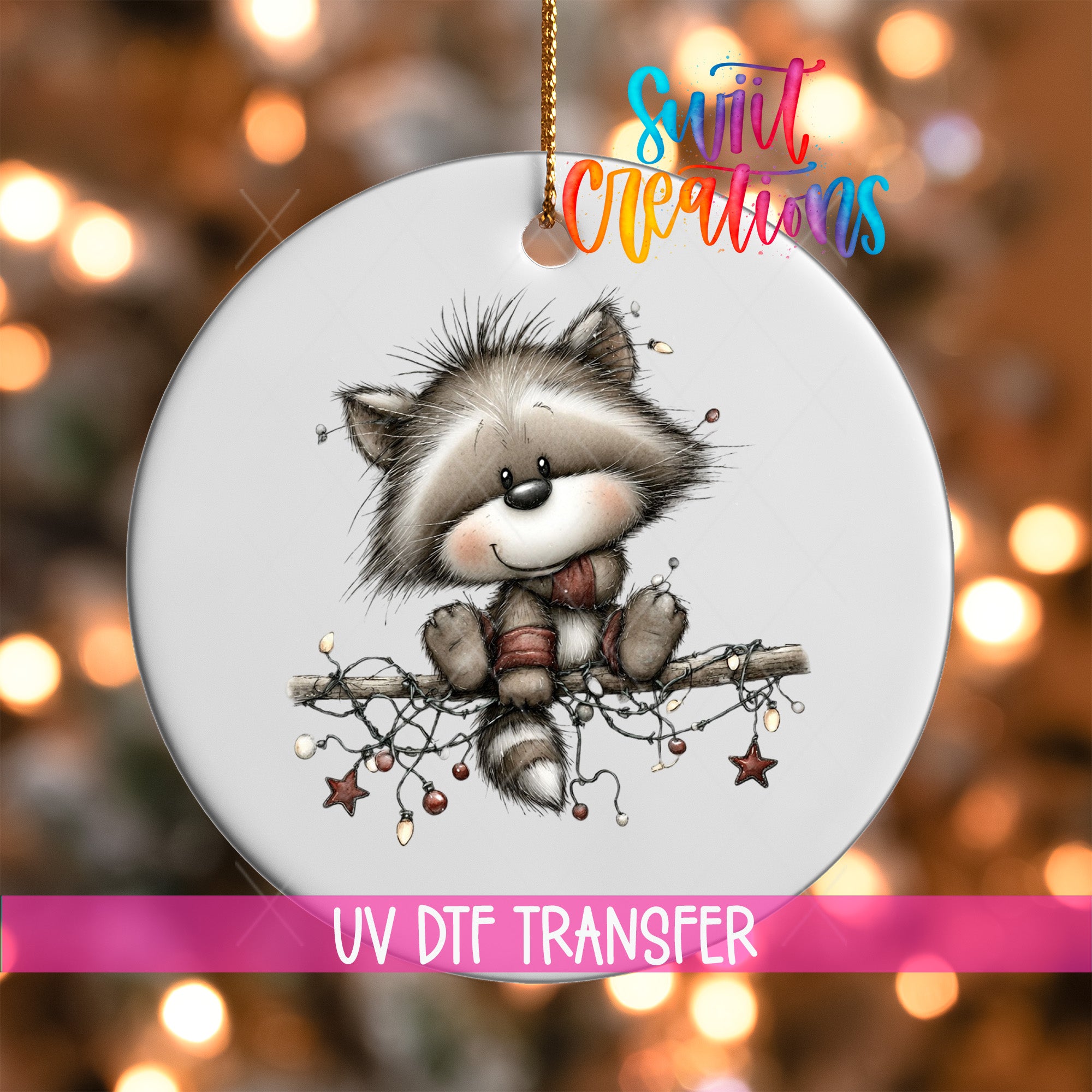 A ceramic ornament featuring a raccoon sitting on a branch with lights and stars.