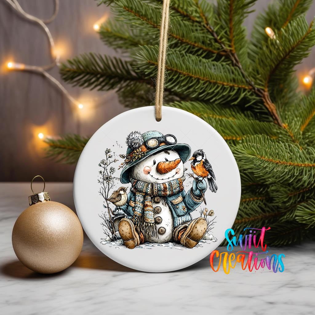 A snowman ornament with a bird perched on its hand, surrounded by pine branches and a gold ornament, with a Christmas tree in the background.