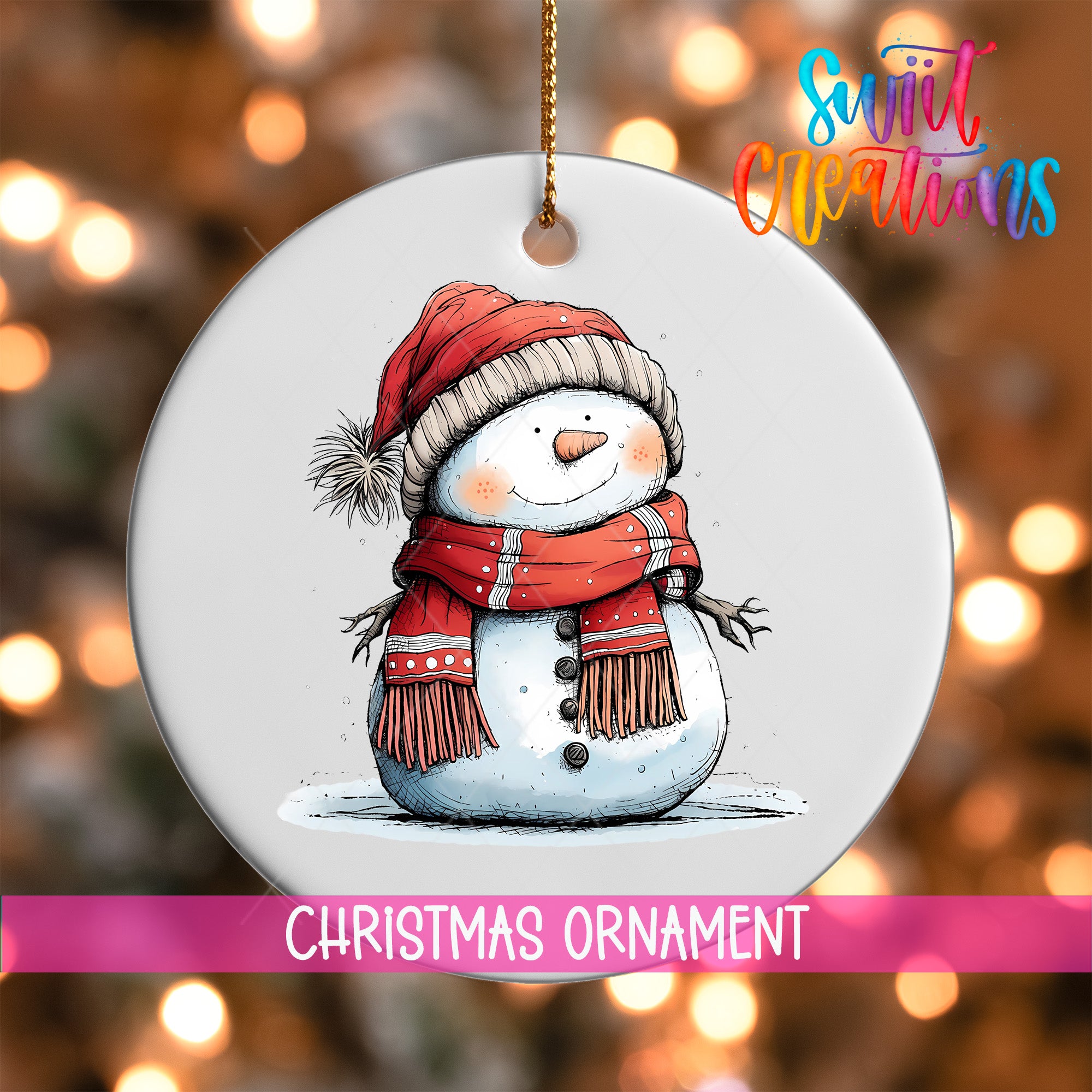 A snowman ornament with a red scarf and hat, sitting on a snowy surface, is the main focus of the image.