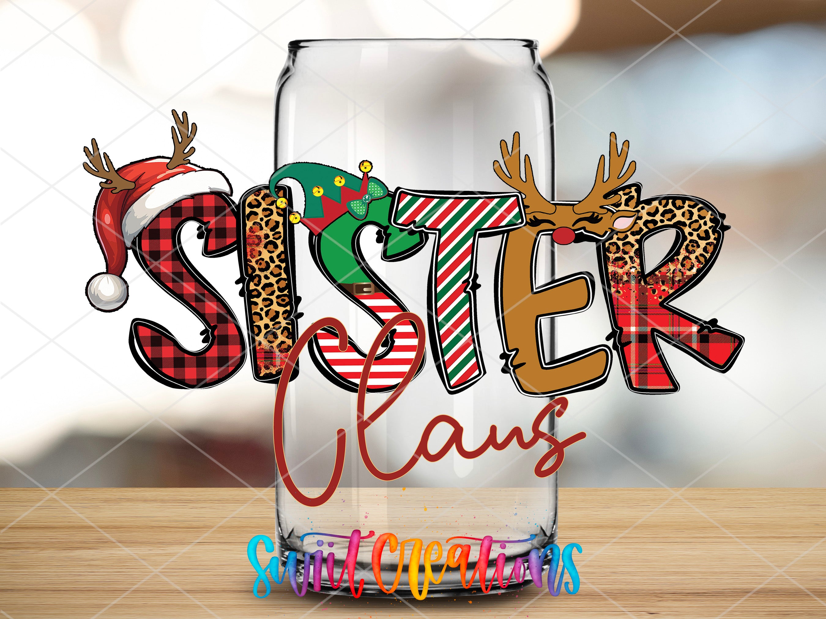 a glass with the word sister claus on it