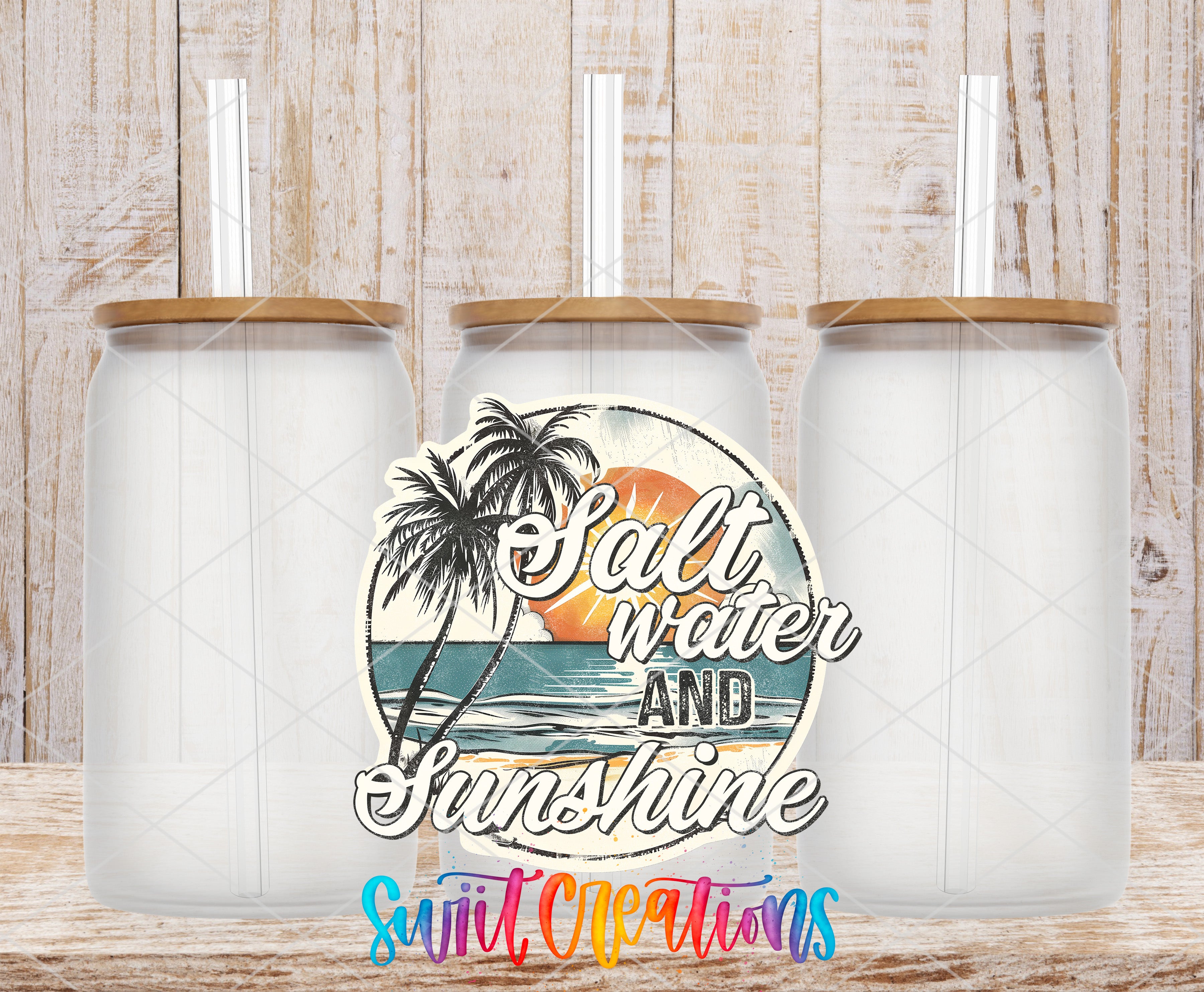 three glass jars with straws, each with a lid, arranged in a row against a wooden background. The jars are empty, and there is a circular design with a palm tree and a sunset in the center. The text "Salt water and sunshine" is displayed in a stylized font, and the phrase "Swift Clean" is written in a colorful, artistic font.