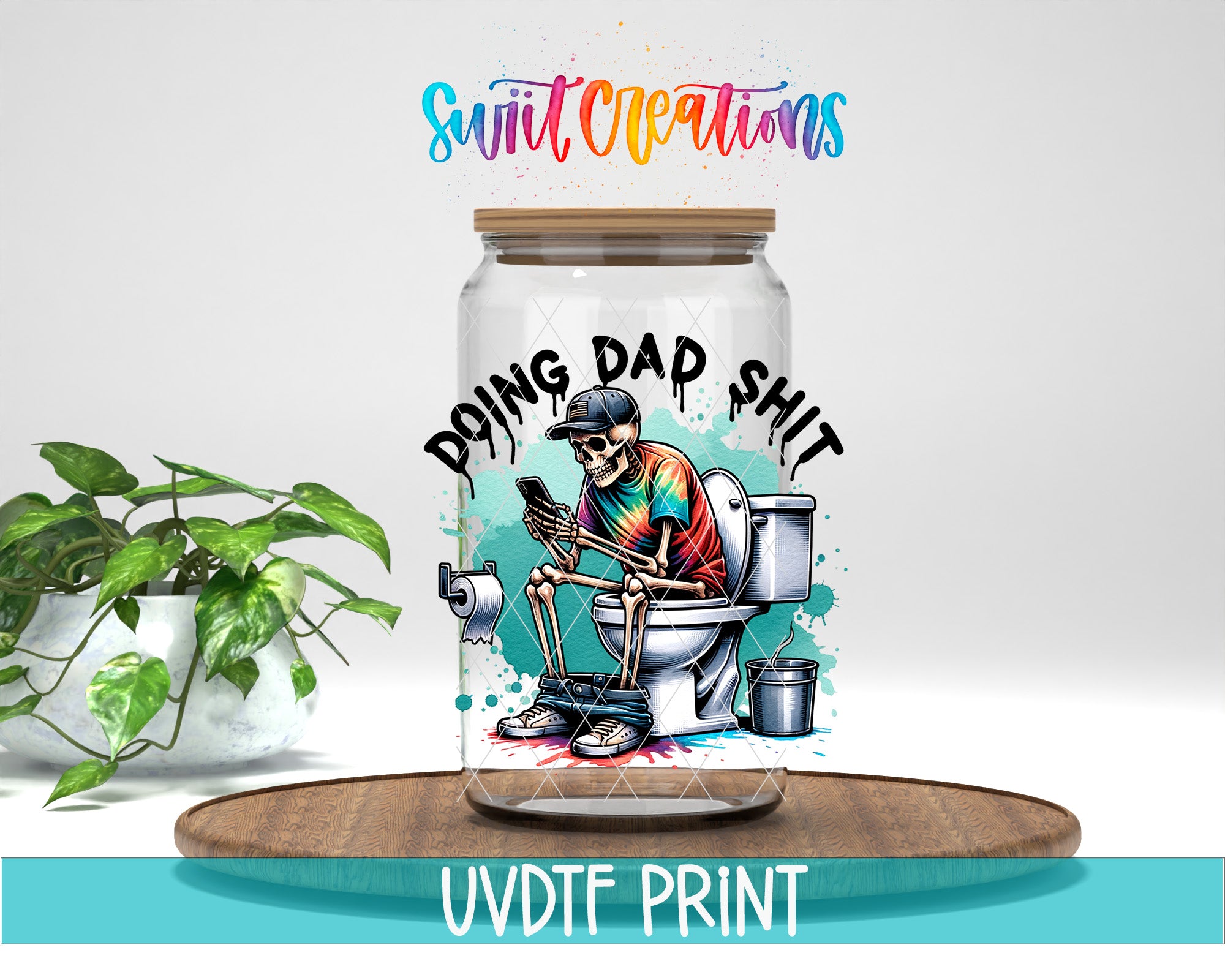 a glass jar with a colorful illustration of a skeleton sitting on a toilet, surrounded by various objects, including a toilet paper roll and a bucket.