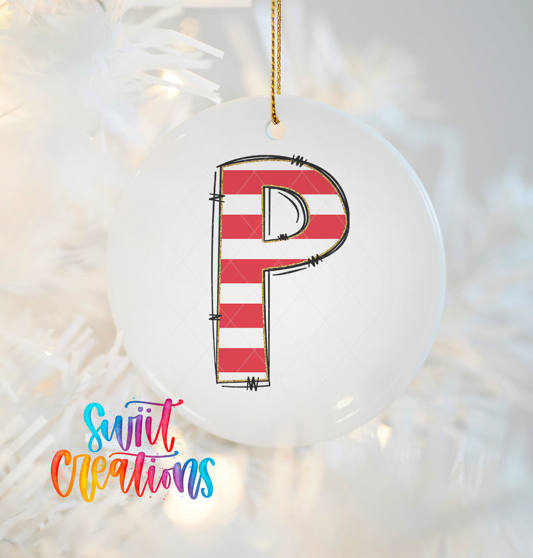 A white ornament with a red and white striped design, resembling a letter "P".