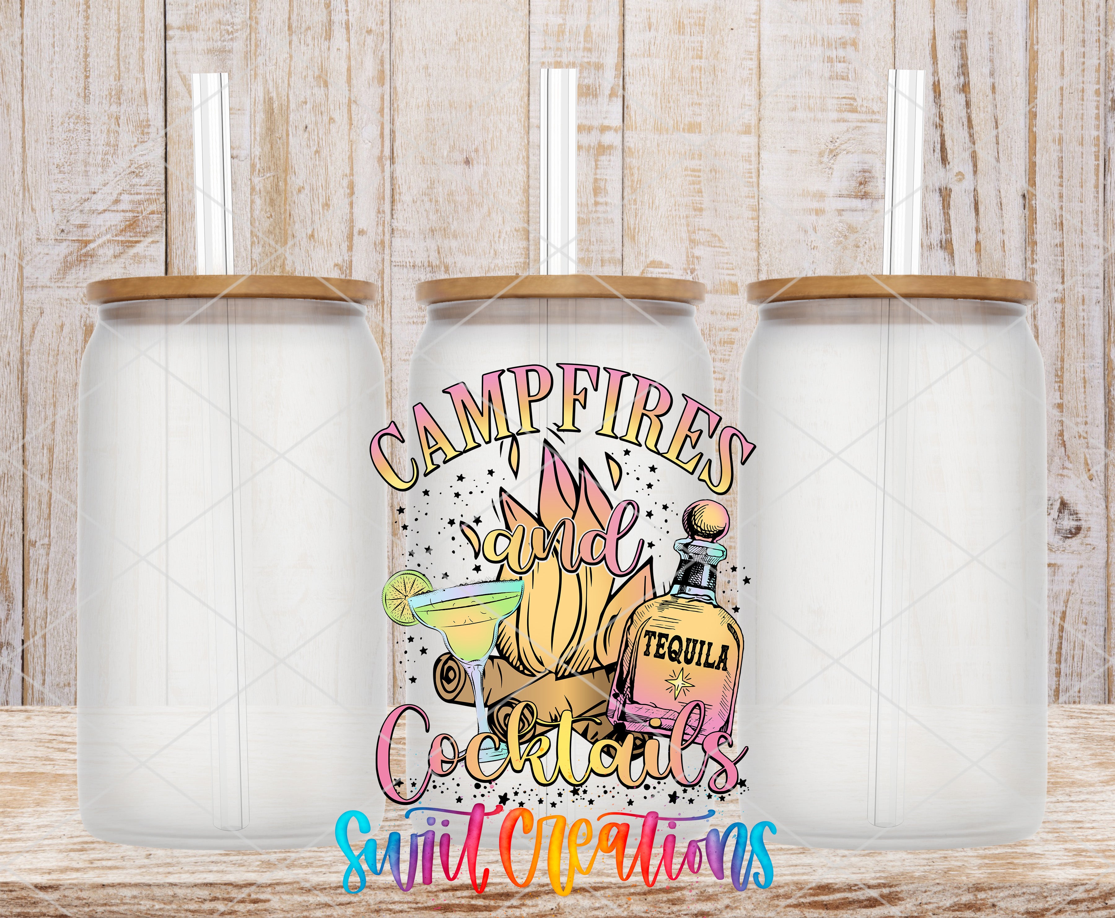 three clear glass tumblers with lids, arranged in a row. In the center of the image, there is a colorful graphic design that includes a bottle of tequila, a cocktail glass, and the text "CAMPFIRE COCKTAILS" along with the word "Sauerkraut" written below.