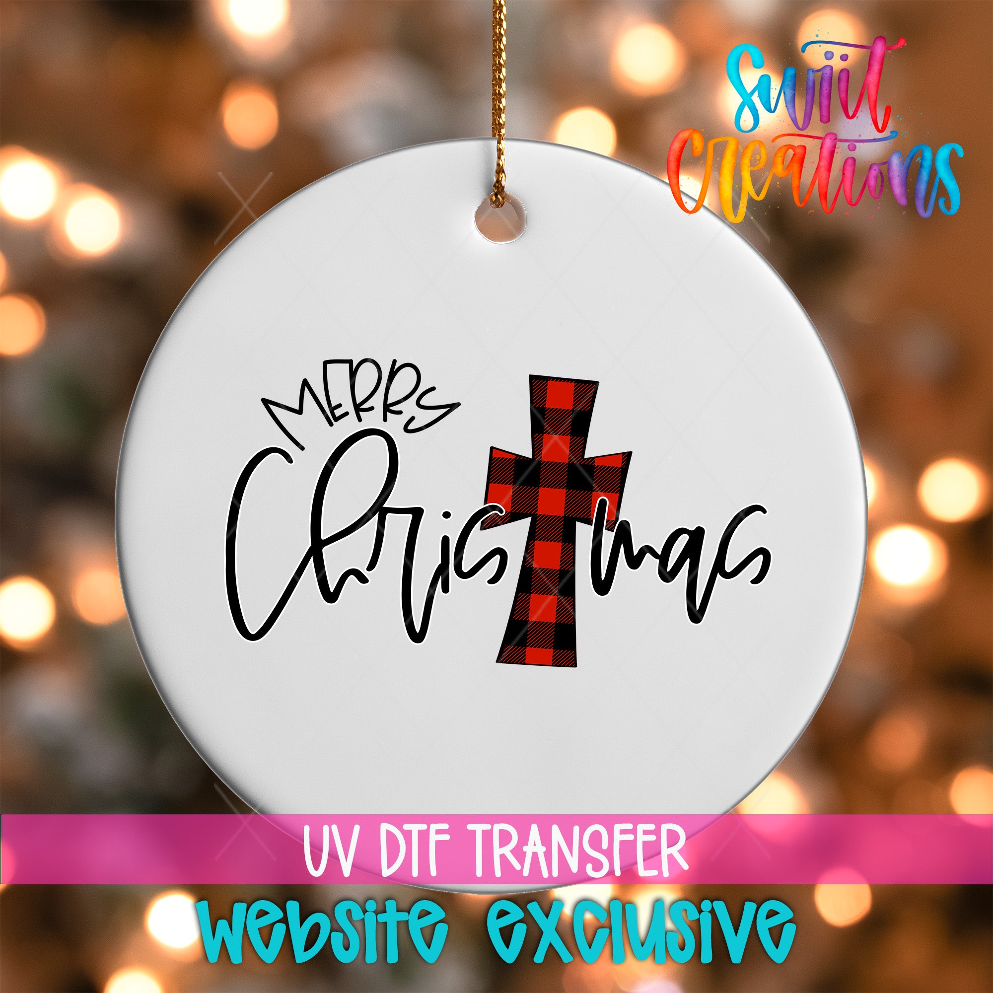 A white ornament with a red and black plaid cross design and the text "Merry Christmas" written on it, hanging against a background of colorful lights.