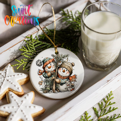 A festive scene with a snowman ornament, cookies, and a glass of milk on a white tray, surrounded by greenery.