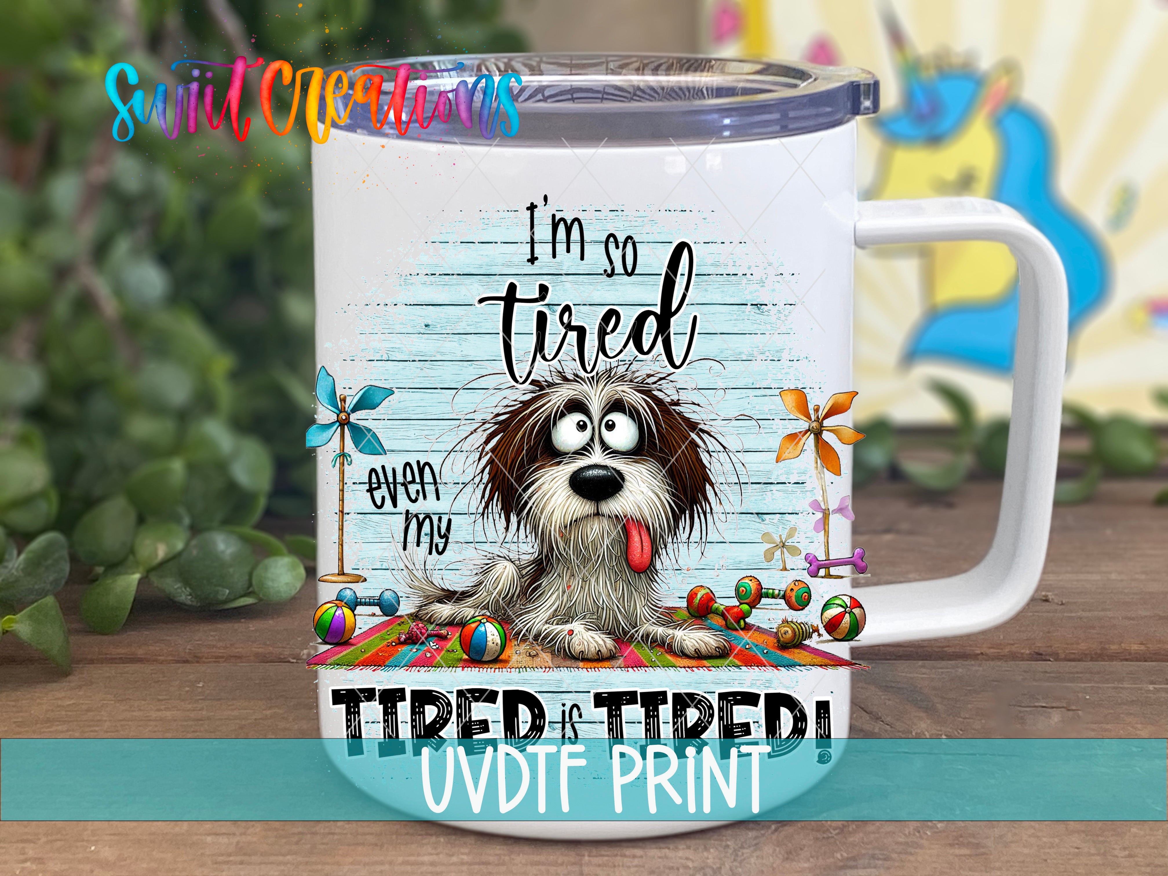 a white coffee mug with a cartoon dog on it
