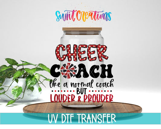 Swiit Creations UV DTF Loud Cheer Coach transfer displayed on a clear jar mockup