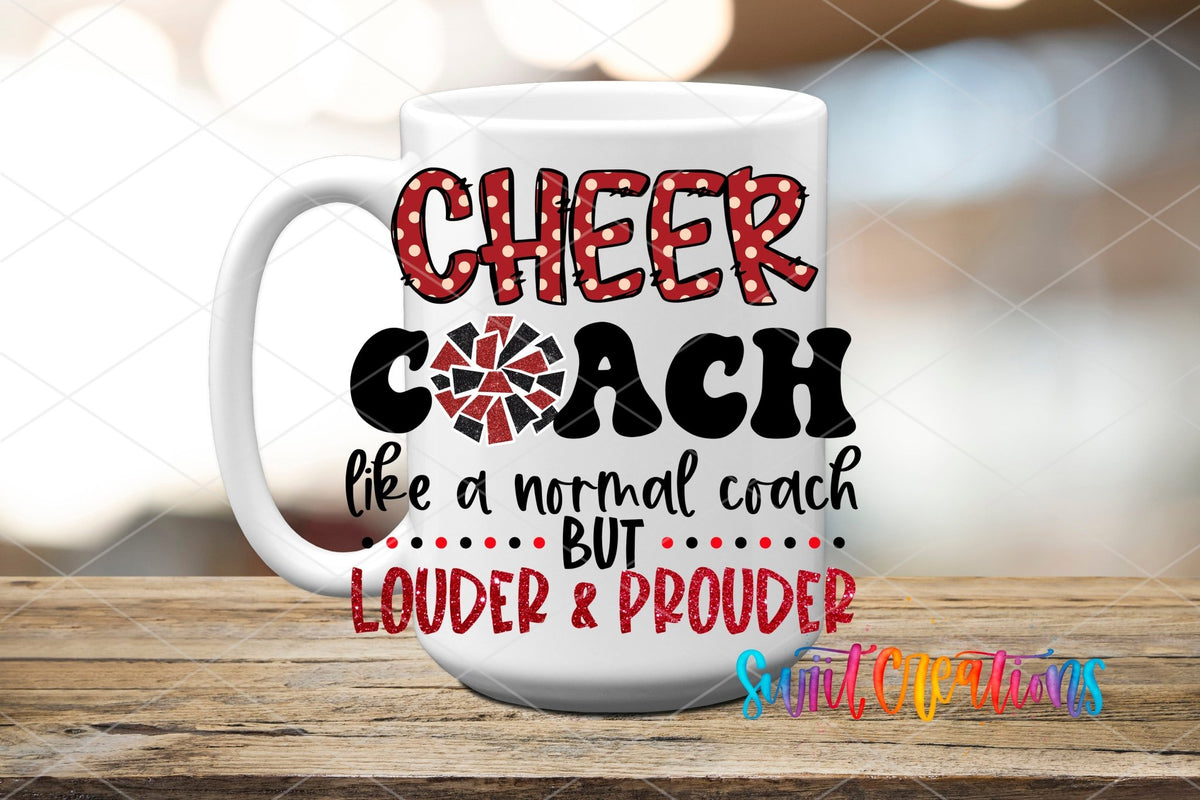 Cheer Coach UV DTF transfer on a white ceramic coffee mug