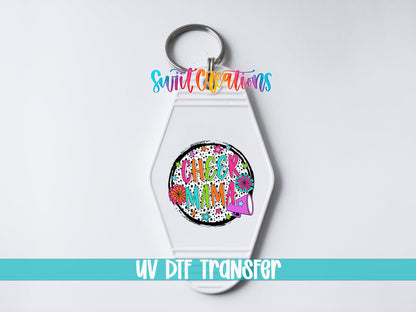 Cheer Mama UV DTF transfer on a white motel keychain on a white background
